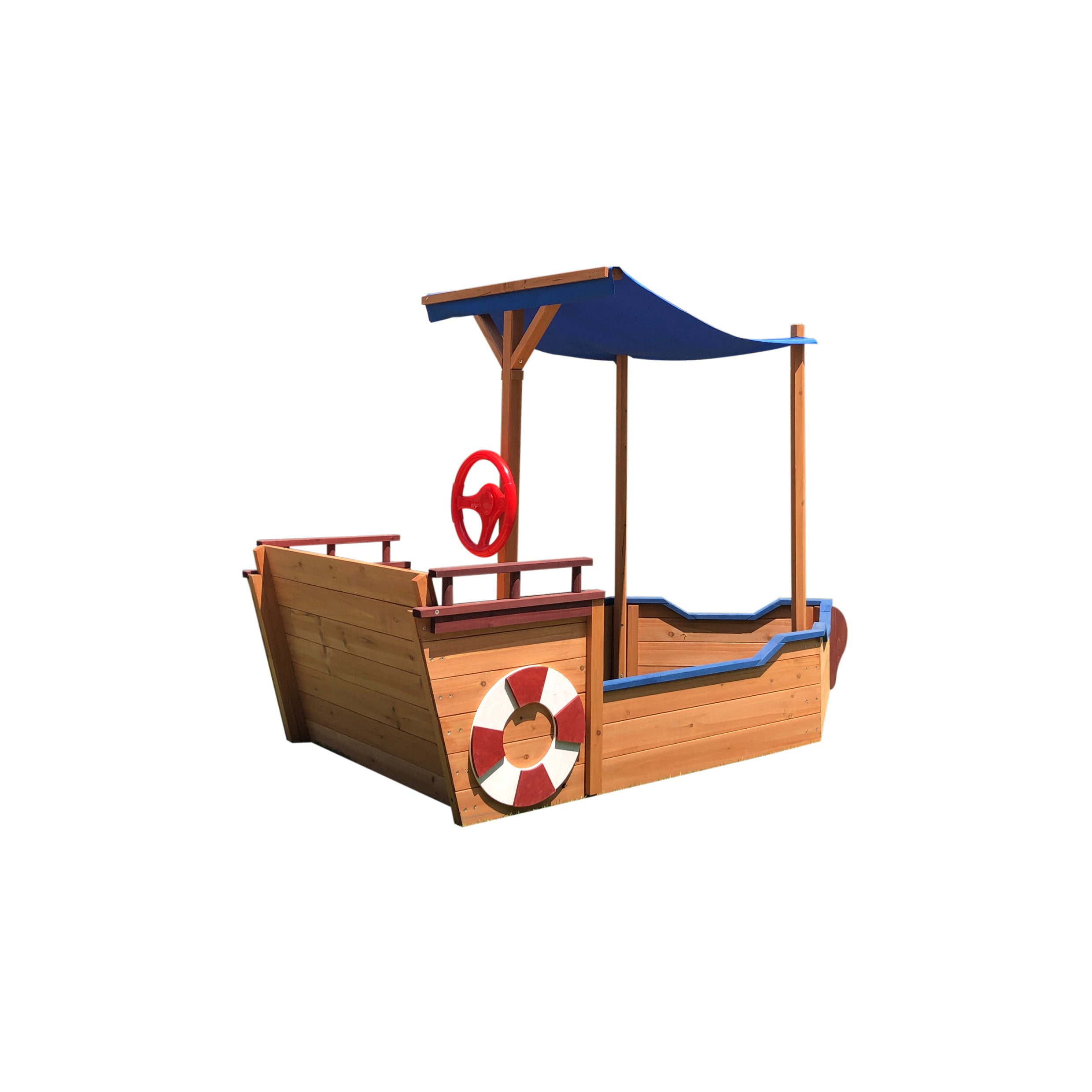 Wooden Pirate Ship Sandbox with Cover & Storage Bench for Kids