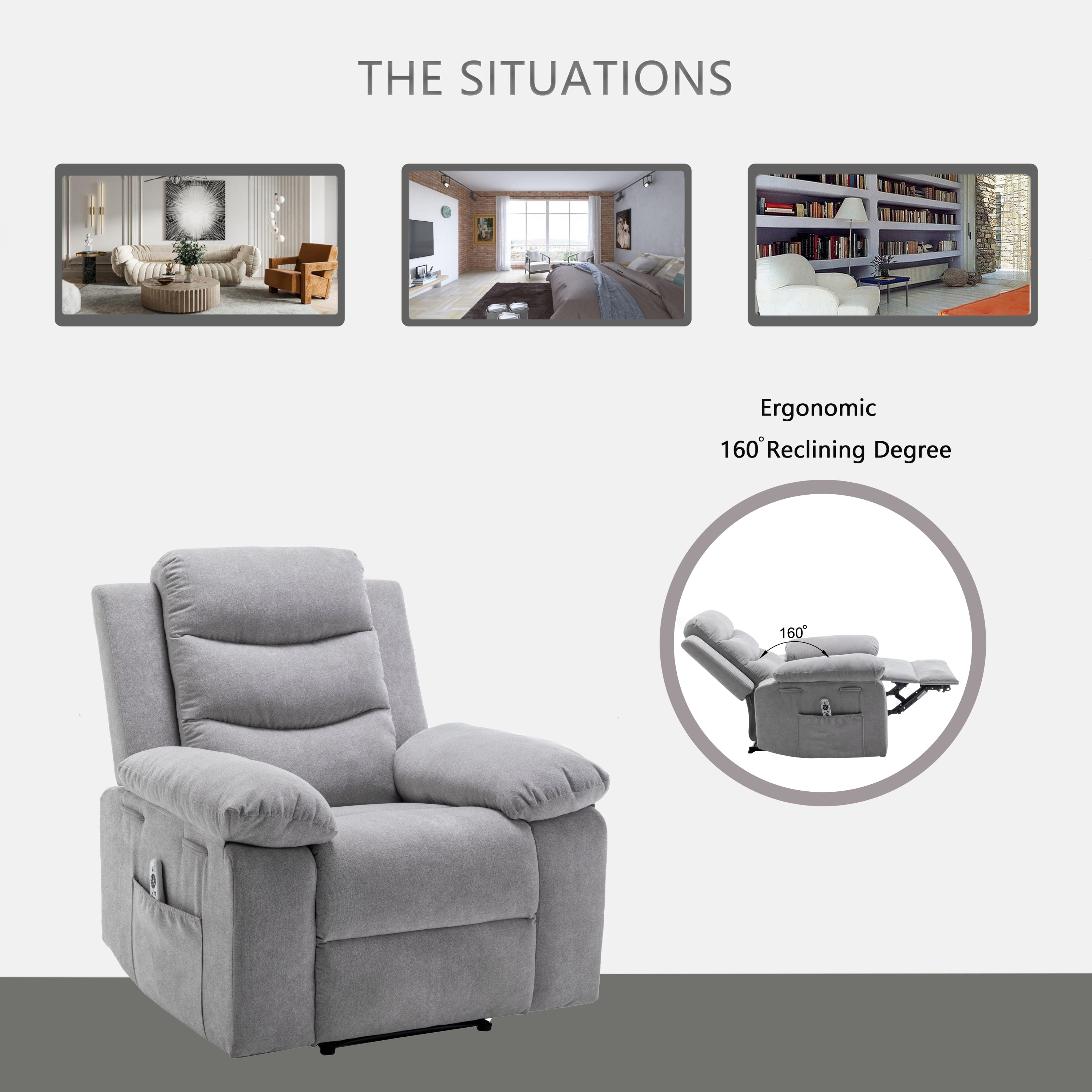 Power Recliner Chair with Adjustable Massage Function, Velvet Electric Power Chair for Elderly with One Side Pockets, Recliner Chair with Heating System for Living Room,Light Gray