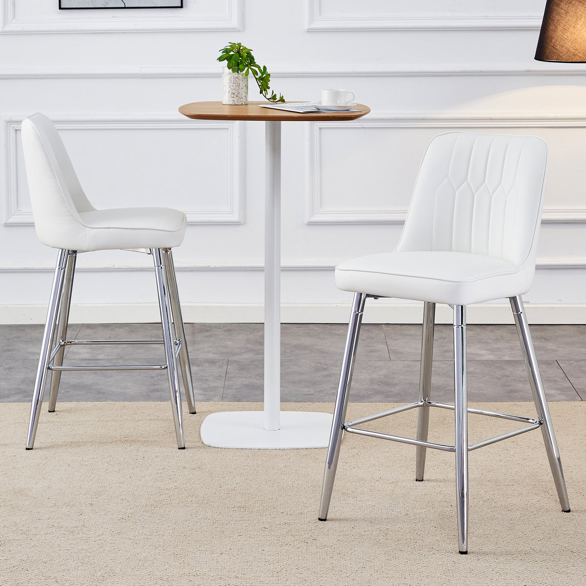 Modern White PU Bar Stool Set of 2 - Sleek Silver Metal Legs with Cross Reinforcement