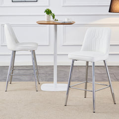 Modern White PU Bar Stool Set of 2 - Sleek Silver Metal Legs with Cross Reinforcement