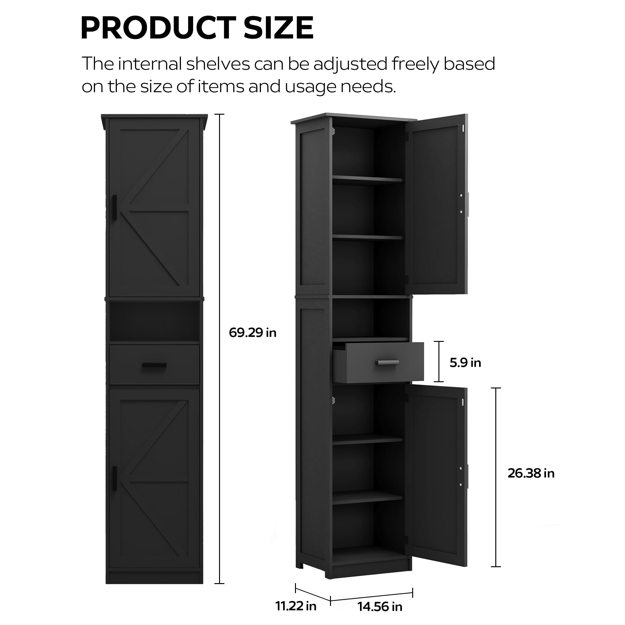 69" H Tall Bathroom Storage Cabinet with 2 Barn Doors and 1 Drawer, Narrow Storage Unit, Adjustable Shelves,Floor Cabinet for Bathroom, Living Room, Entryway,Kitchen,(Black)