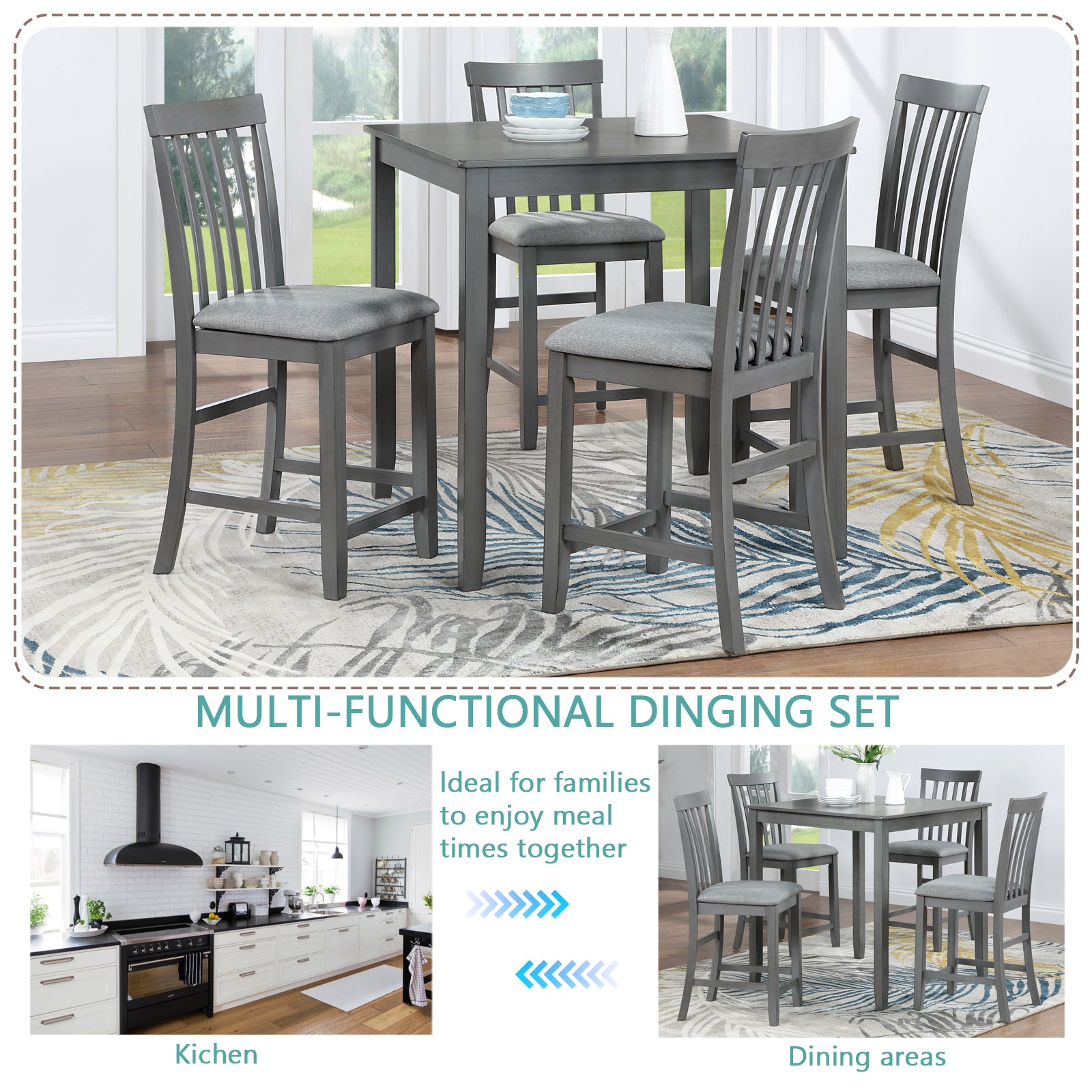 5 Piece Dining Table Set, Wooden Dining Square Table Set for 4, Counter Height Kitchen Table Set with Square Table and 4 Upholstered Chairs for Small Space, Gray