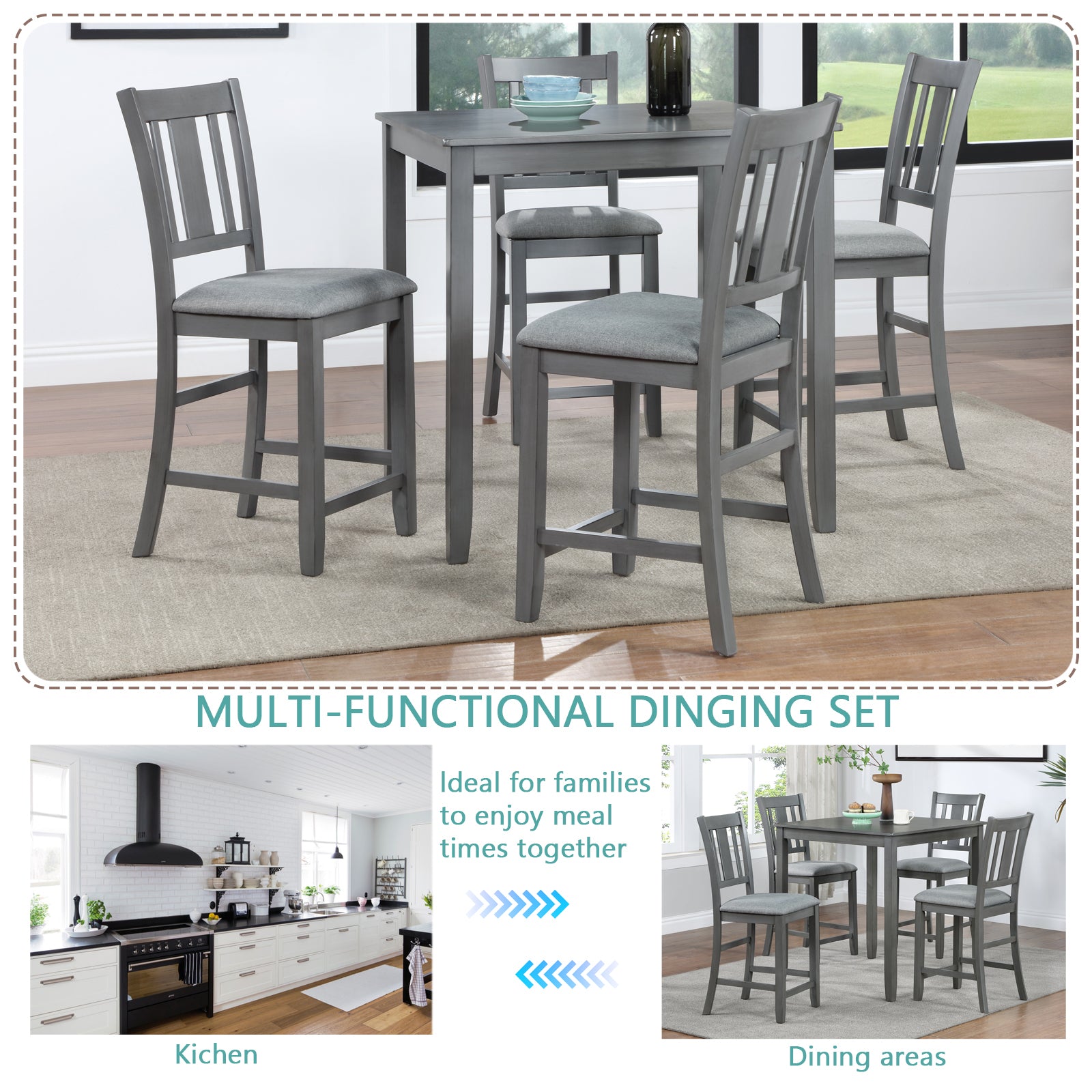 5 Piece Dining Table Set, Wooden Dining Square Table Set for 4, Counter Height Kitchen Table Set with Square Table and 4 Upholstered Chairs for Small Space, Gray