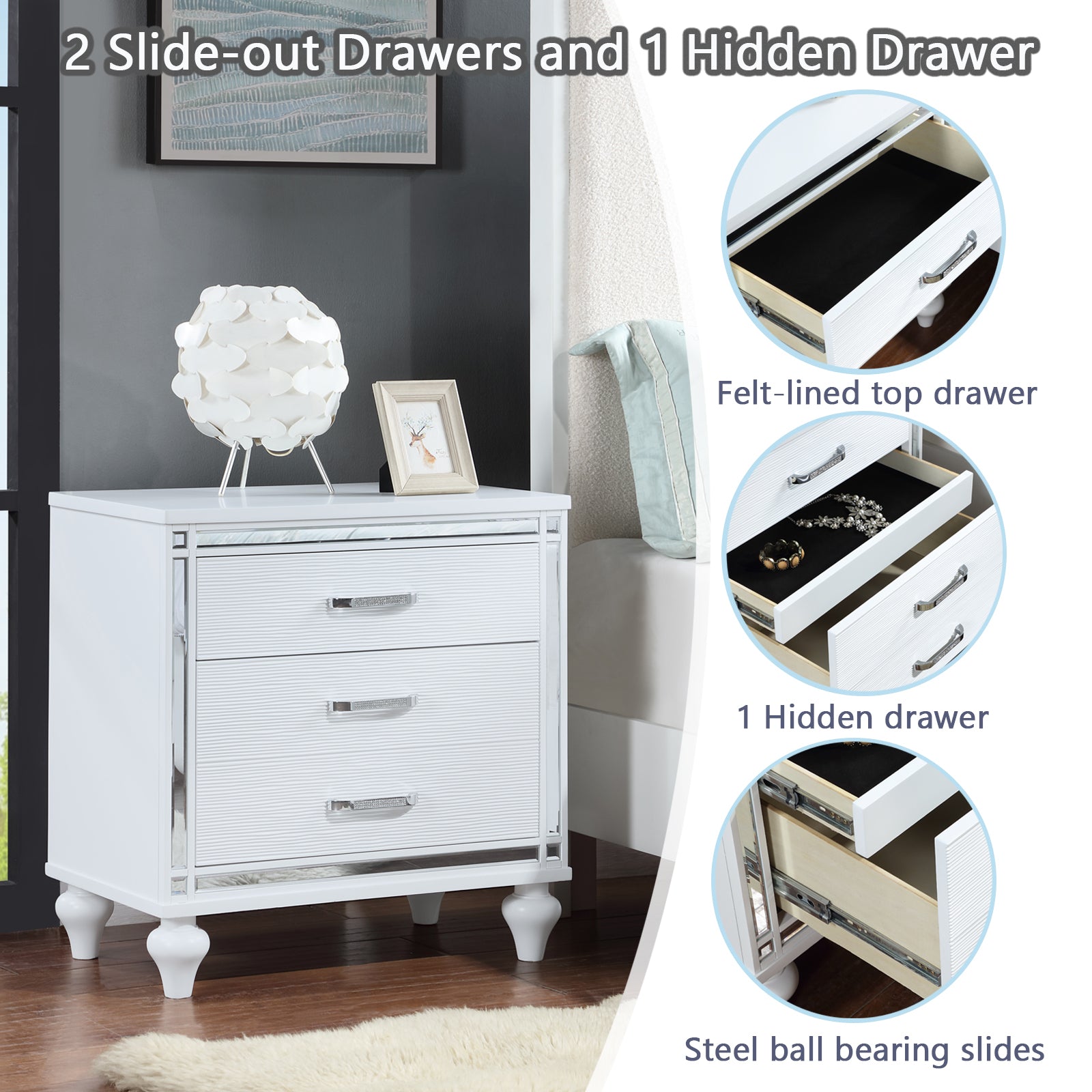 Contemporary Nightstands with mirror frame accents, Bedside Table with two drawers and one hidden drawer, End Table with Crystal Pull for Living Room,Bedroom, White