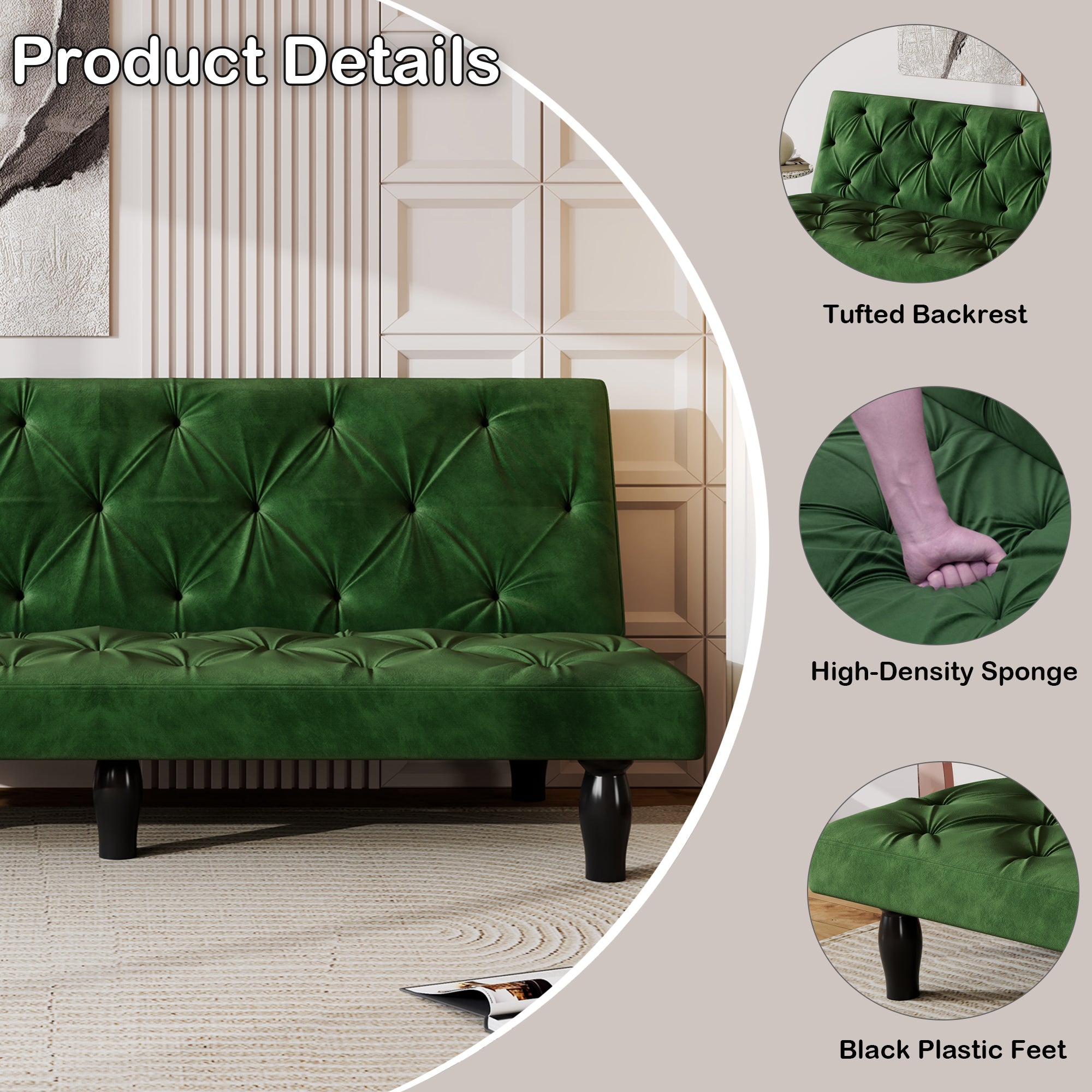 66" Green Velvet Sofa Bed Luxurious Pull-Out Sofa with Sponge Filling - Perfect Design for Living Room