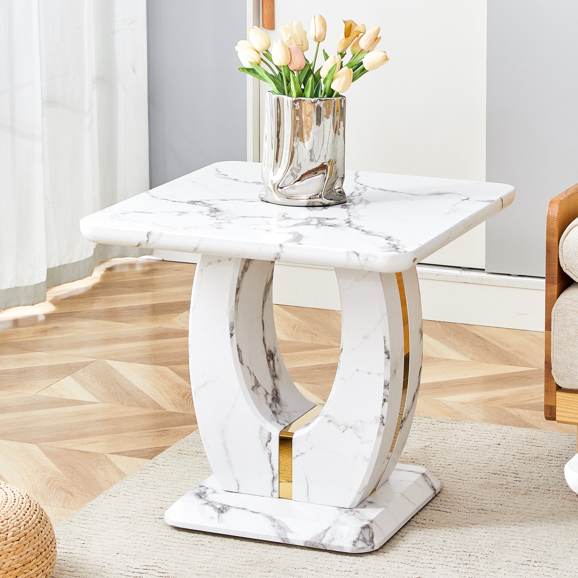 Minimalist Square White Marble-Patterned MDF Coffee Table for Living Rooms