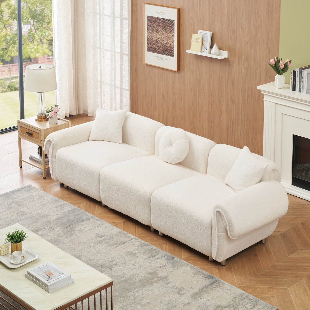 112 inch beige teddy velvet fabric, with 3 pillows, three sofa can be placed in the living room and other scenes Beige teddy velvet fabric, with 3 pillows, three sofa can be placed in the living room