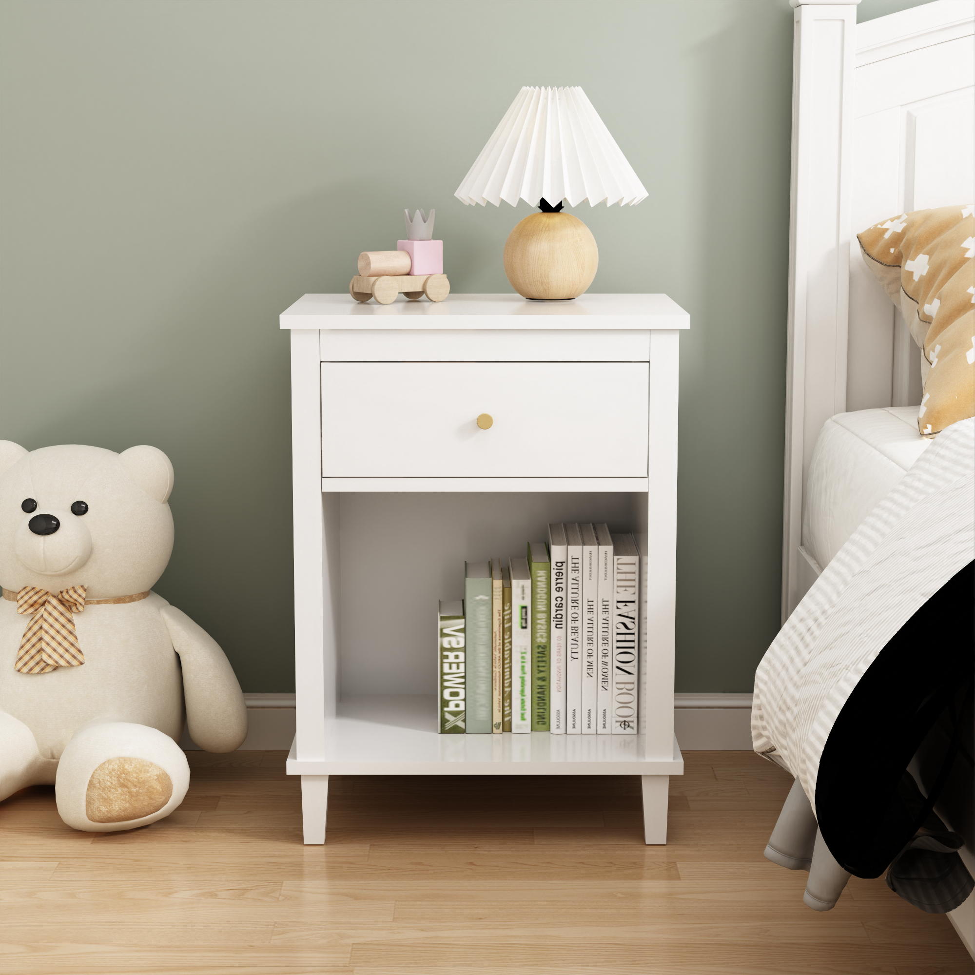 26.77''H Wooden Nightstand with One Drawer One Shelf for Kids, Adults, White