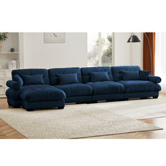 L-Shaped Convertible 4-Seater Cloud Sofa, Modern Velvet with Pillows and Bolstered Armrests, Blue