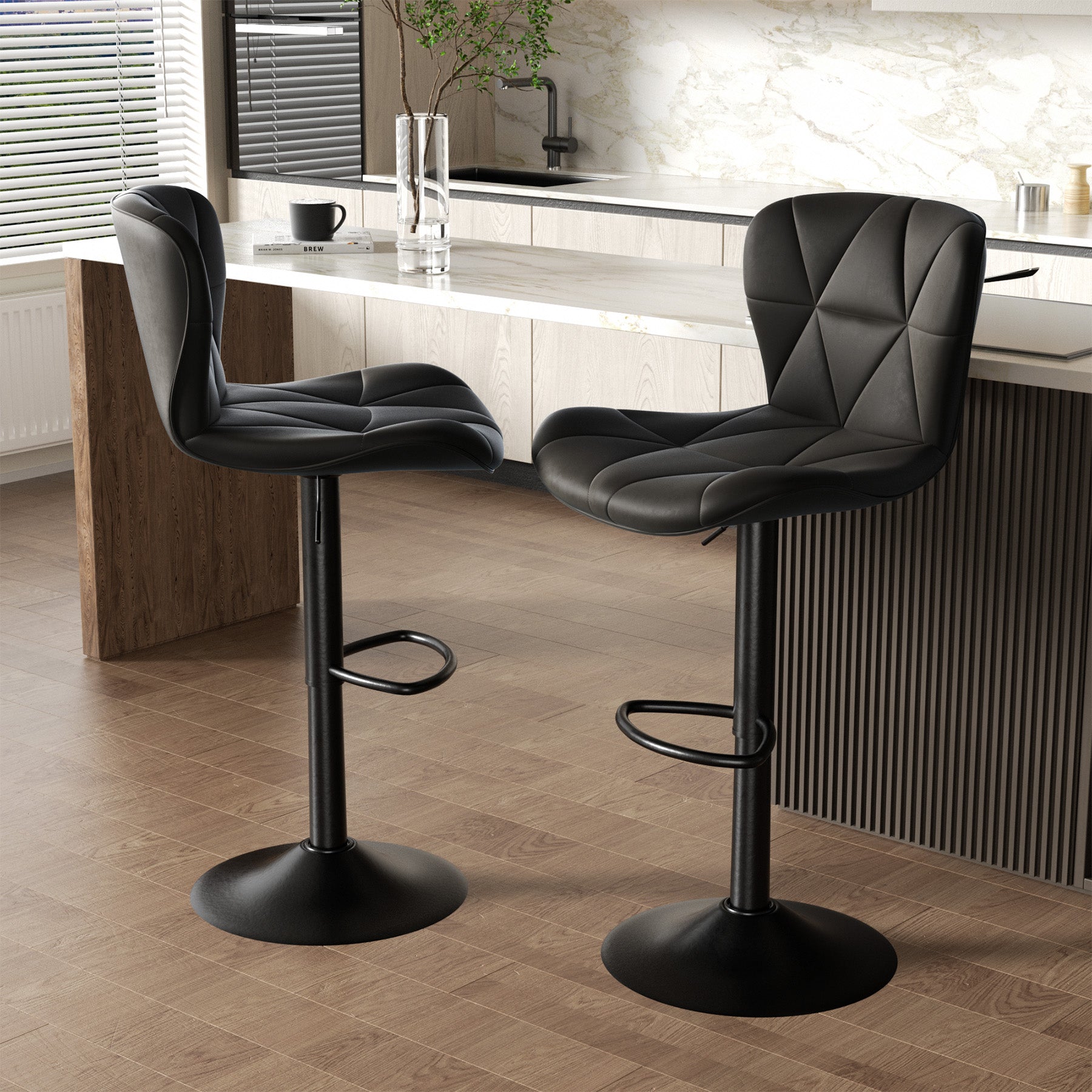 Modern Adjustable Faux Leather Bar Chair with Backrest - Stylish Black Counter Stool FU01034