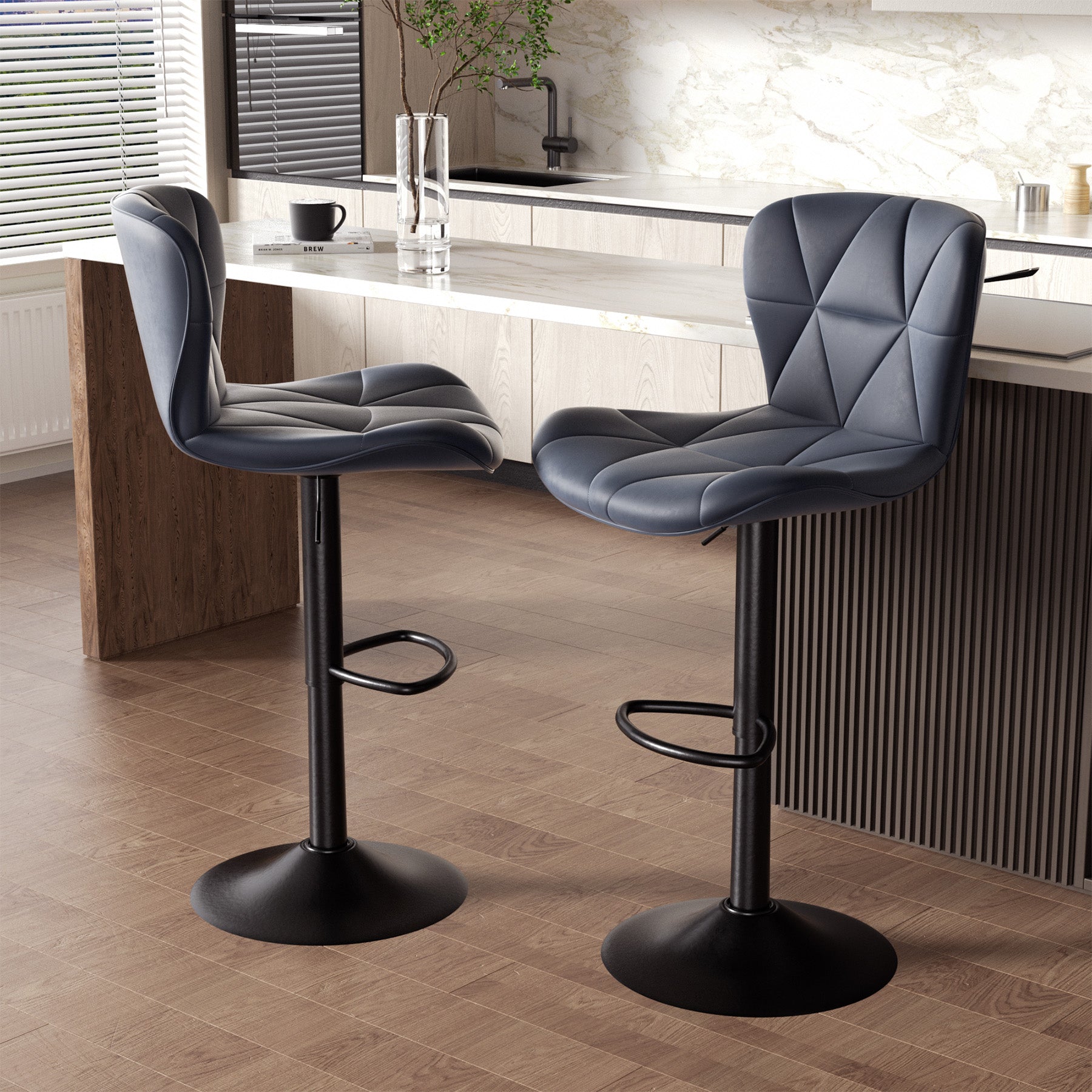 Modern Adjustable Faux Leather Bar Chair with Backrest - Stylish Black Counter Stool FU01034