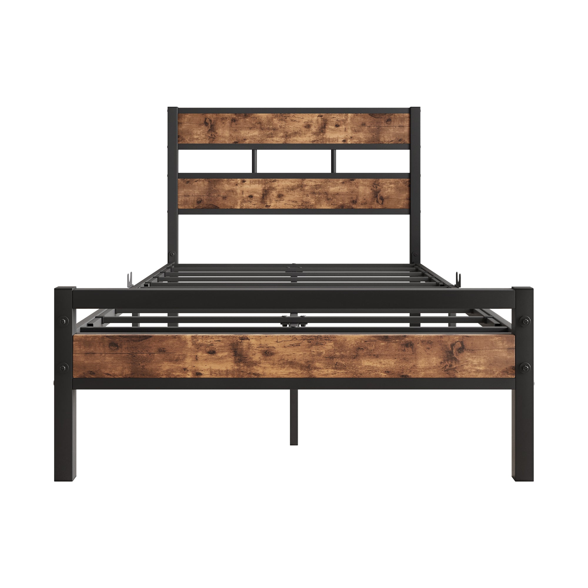 Twin Platform Bed Frame, Rustic Wood Headboard, No Box Spring