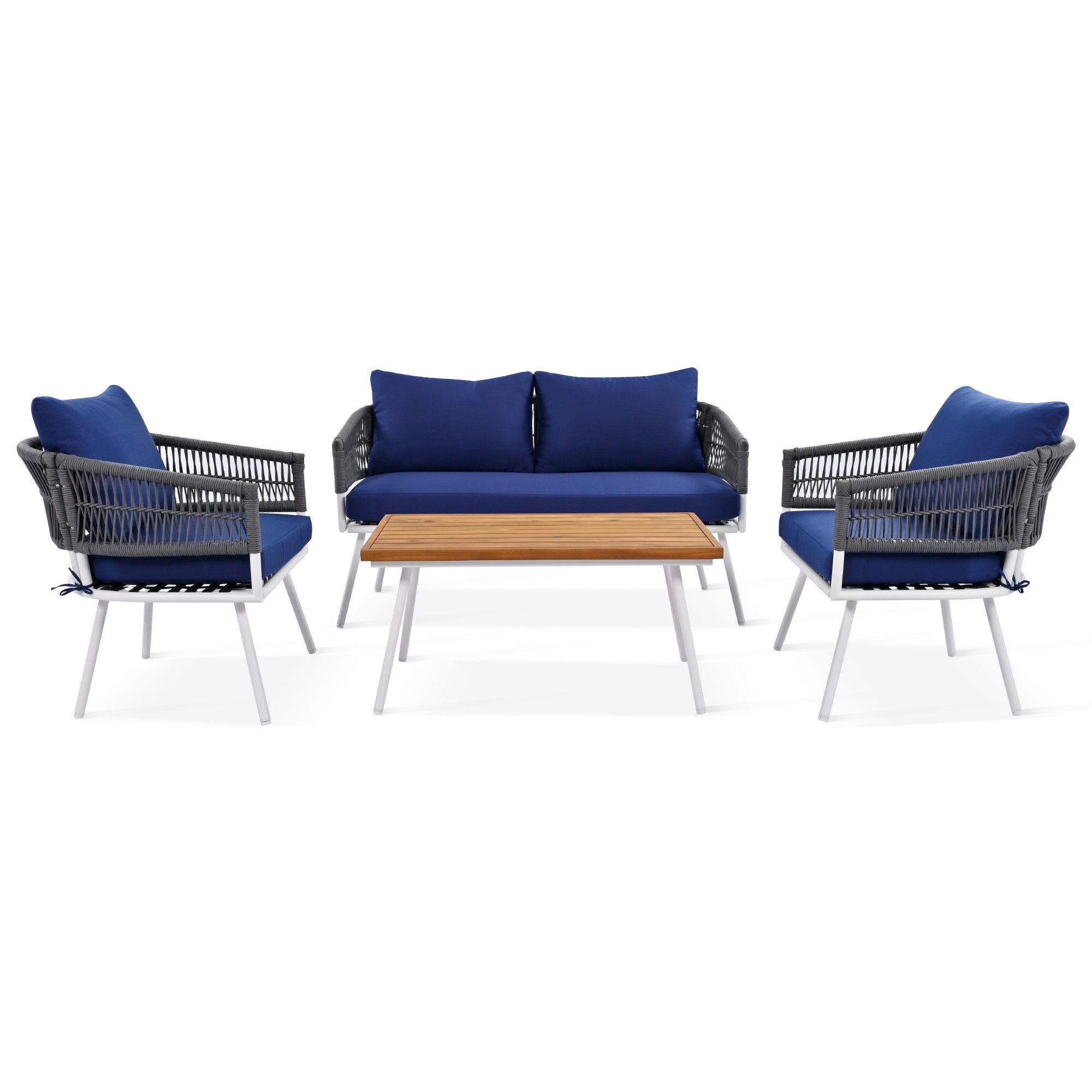 K&K 4-Piece Boho Rope Patio Furniture Set, Outdoor Furniture with Acacia Wood Table, Patio Conversation Set with Deep Seating & Thick Cushion for Backyard Porch Balcony, Navy Blue