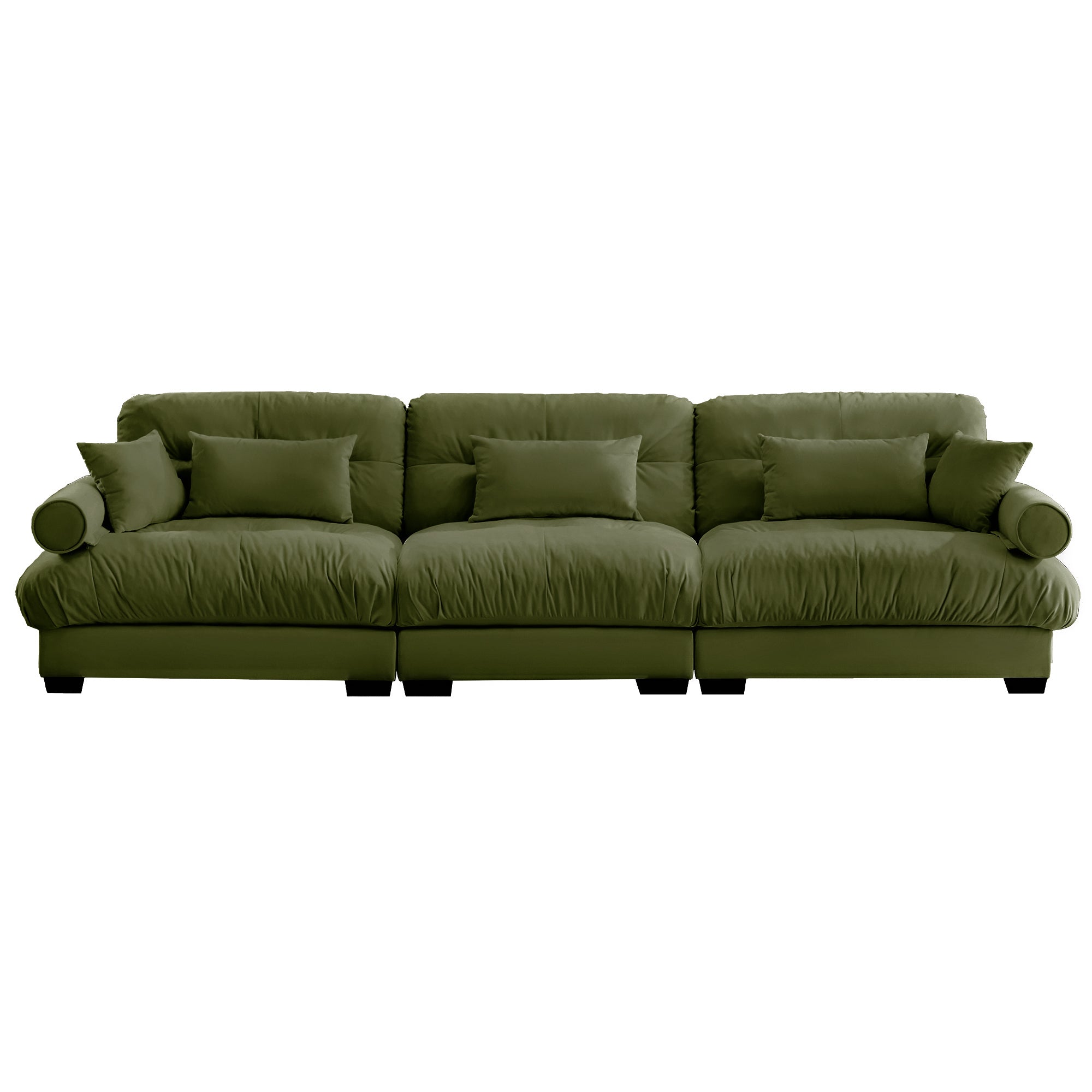 Extra-Large 3-Seater Modern Velvet Sofa, Oversized Cloud-Like Comfort with Waist and Throw Pillows, Olive green