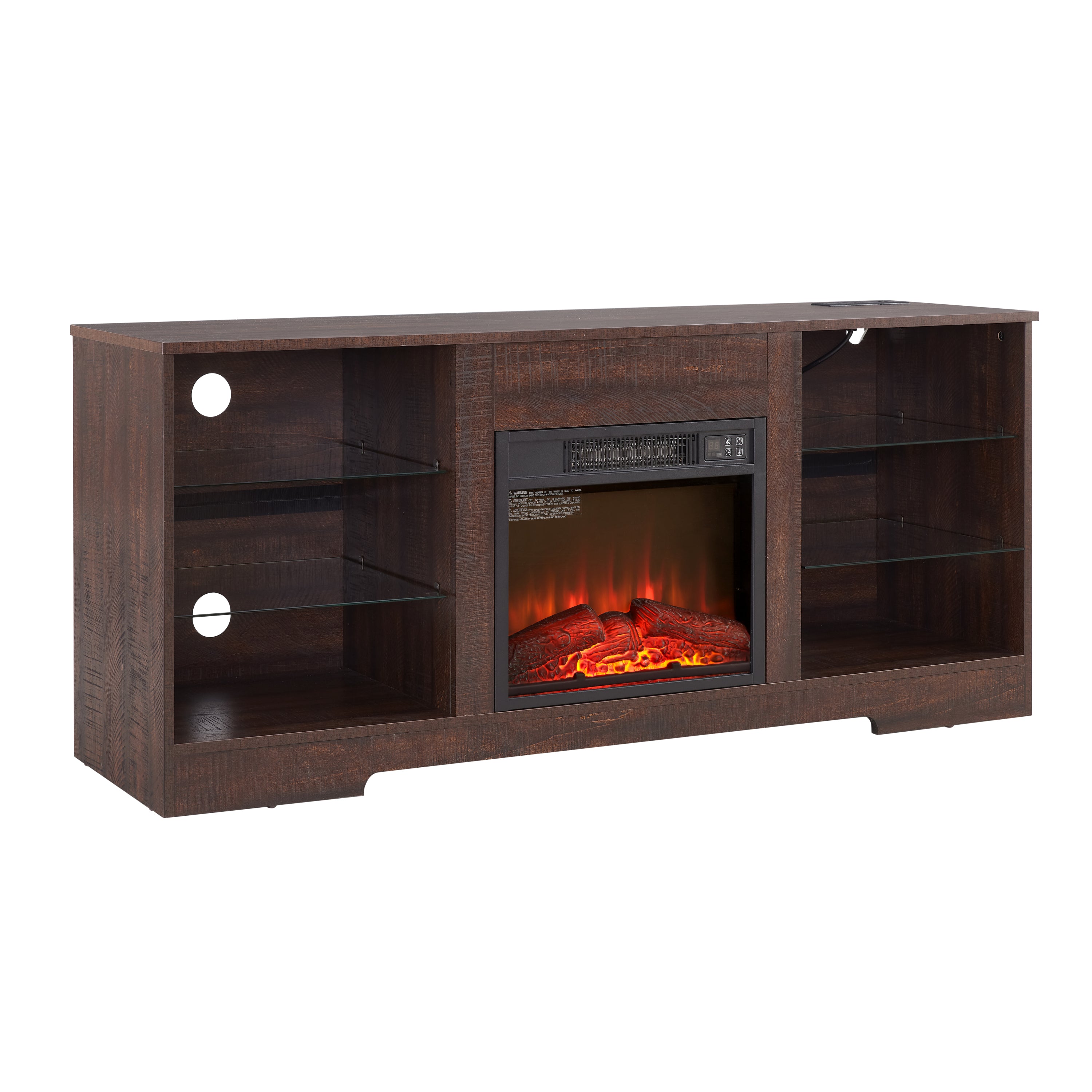 Electric Fireplace TV Stand with Glass Shelves, LED Lights, USB Charging Outlet, Fits TVs up to 62", Dark Brown