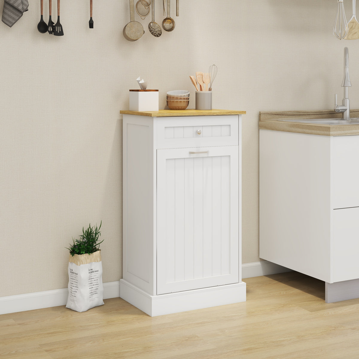 One Drawers and One-Compartment Tilt-Out Trash Cabinet Kitchen Trash Cabinet-White