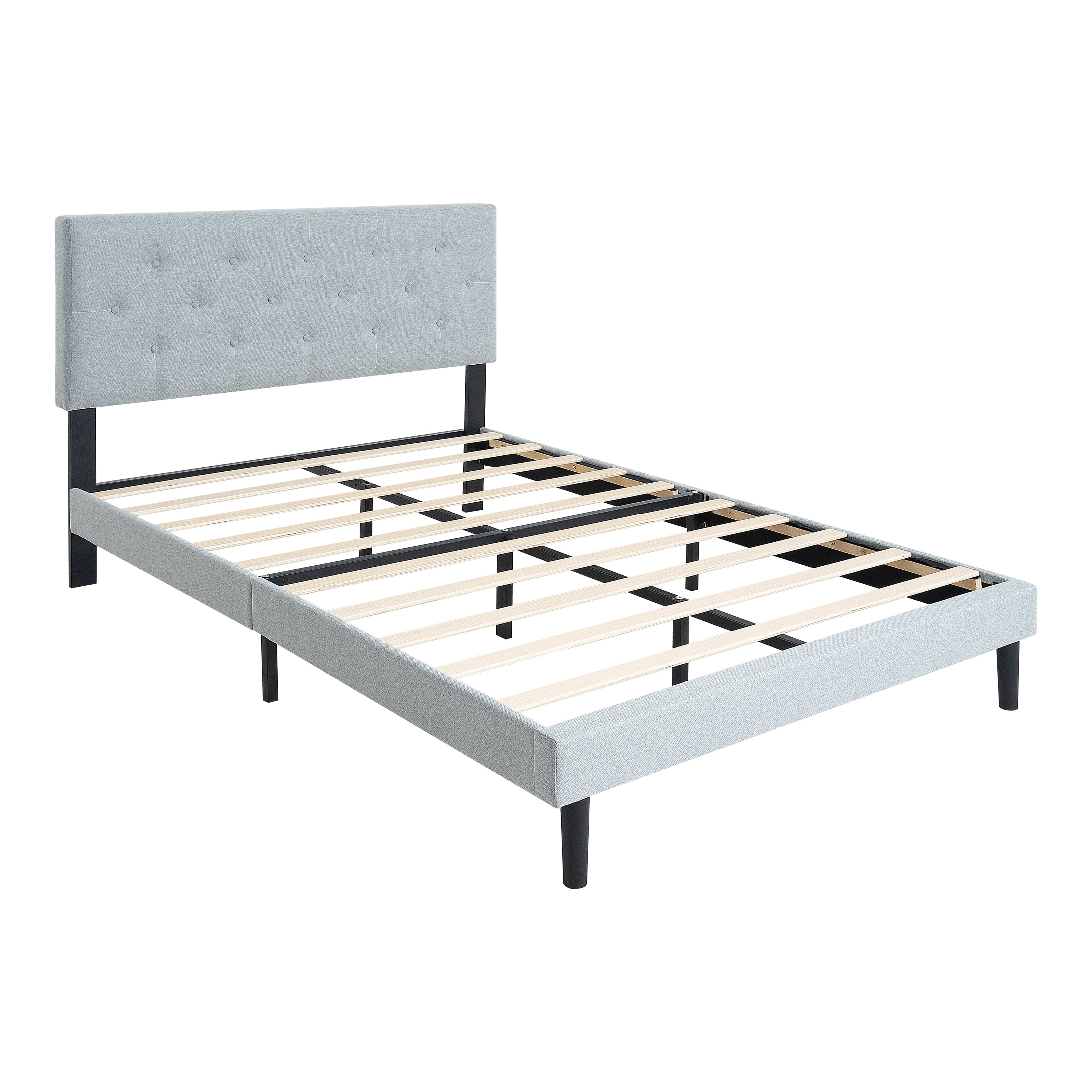 Queen Size Upholstered Platform Bed Frame with Modern Button Tufted Linen Fabric Headboard, No Box Spring Needed, Wood Slat Support, Easy Assembly, Grey