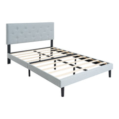 Twin Size Upholstered Platform Bed Frame with Modern Button Tufted Linen Fabric Headboard, No Box Spring Needed, Wood Slat Support, Easy Assembly, Grey