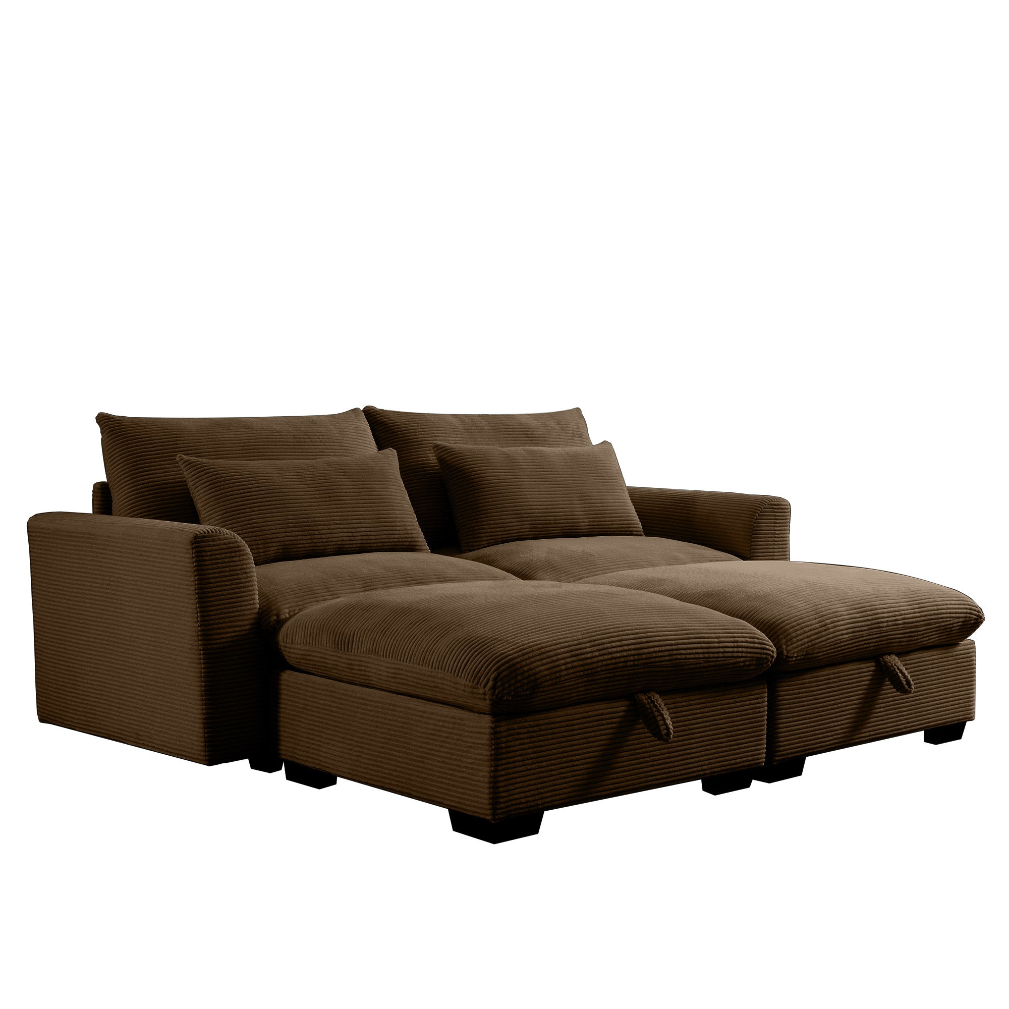 Corduroy Loveseat with 2 Storage Footrest - Deep Seat Brown Sofa for Living Room