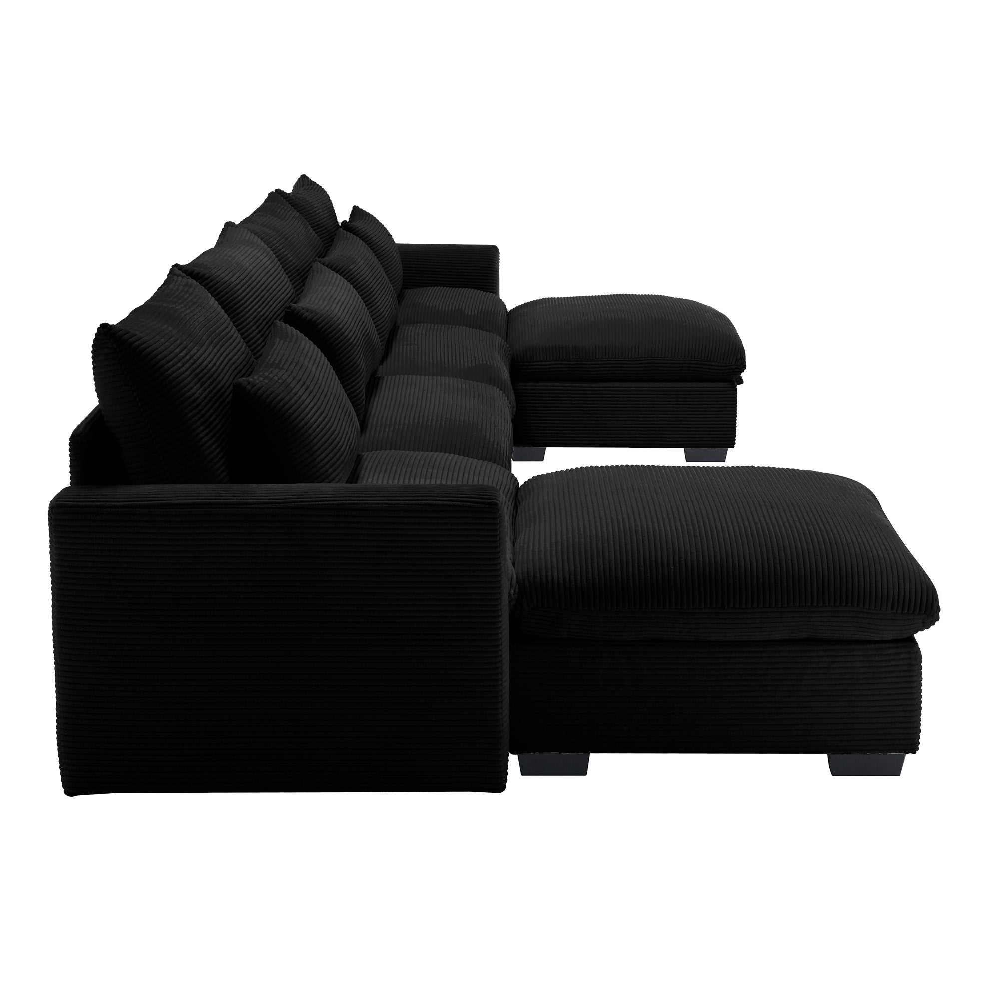 Big Deep Seat U-Shaped Corduroy Sectional Couches for Living Room, 4 Seater Sofa Couch with 2 Storage Footstool and 4 Waist Pillows (Corduroy, Black)