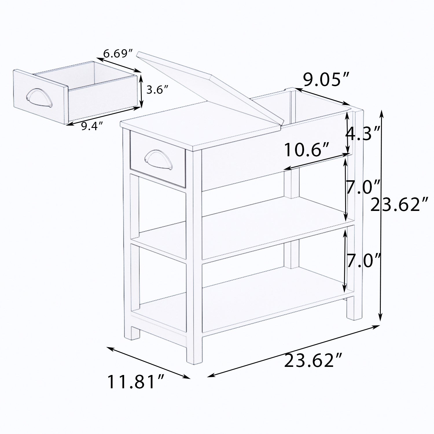 Narrow Sided Table with Drawers and Bottom Partition in Flip Over Design -White