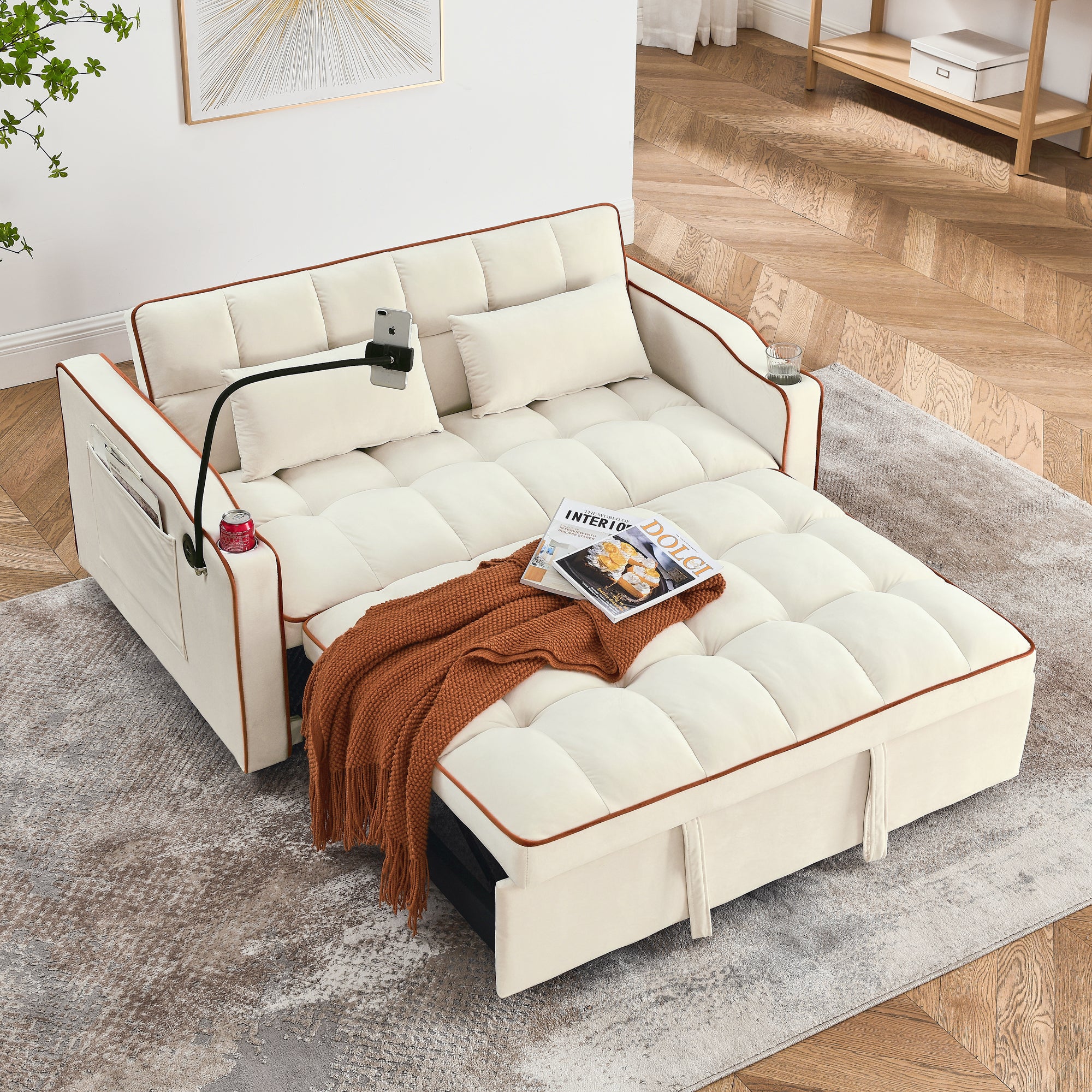 55.51" Foldable Velvet Sofa Bed with Adjustable Back, Pull-Out Design with USB Port, Ashtray, and Swivel Phone Stand, Beige