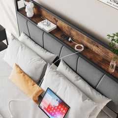 Full Bed Frame with Storage Headboard & Charging Station, Brown/Gray