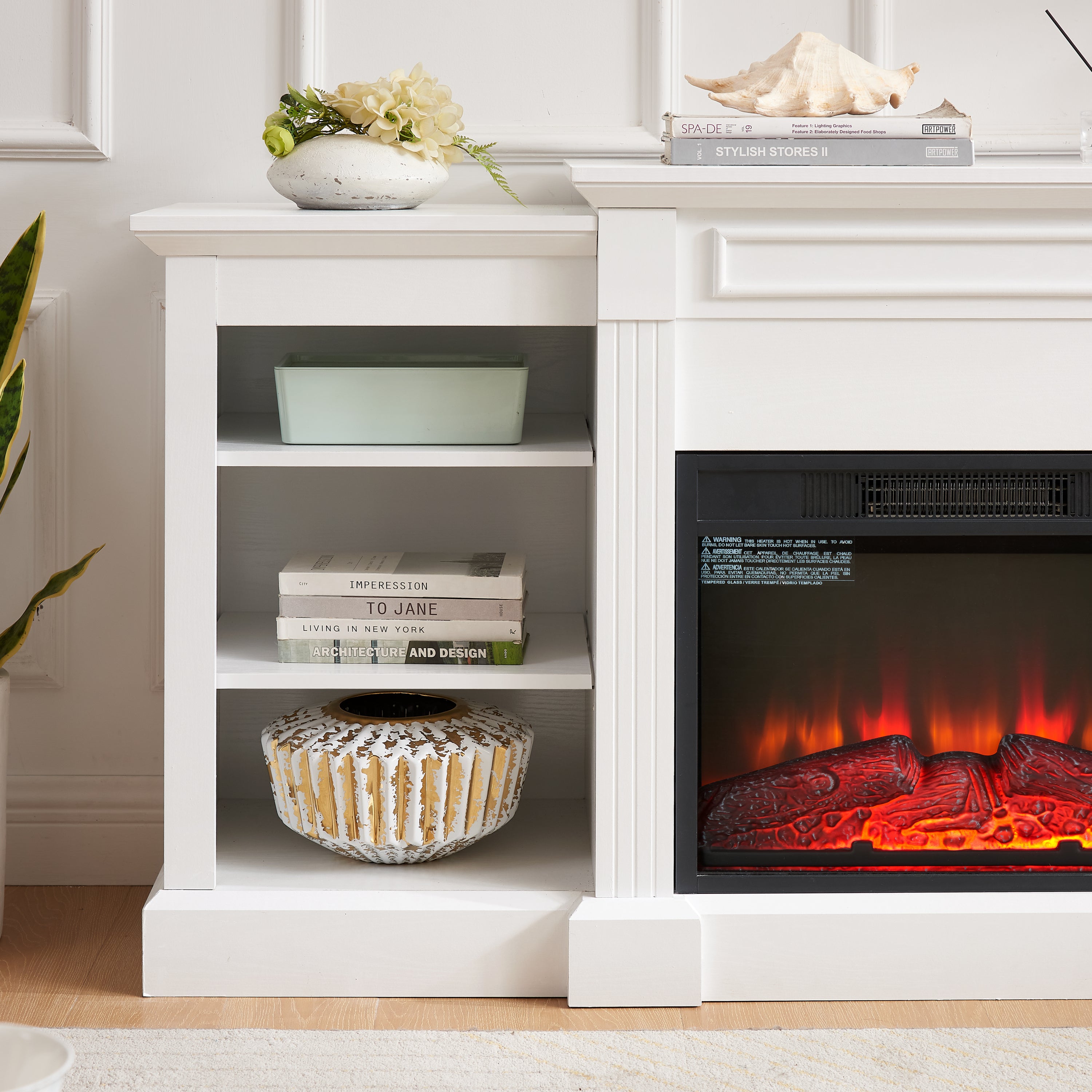 Modern Media Console Table with Large Storage, 23" Fireplace Insert, Fits TVs up to 70", White