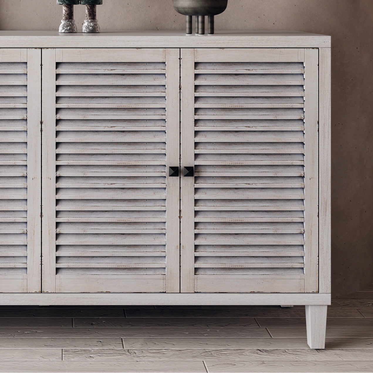 Accent Cabinet 4 Shutter Door Wooden Cabinet Sideboard Buffet Server Cabinet Storage Cabinet, for Living Room, Entryway, Hallway, Office, Kitchen and Dining Room, Distressed White