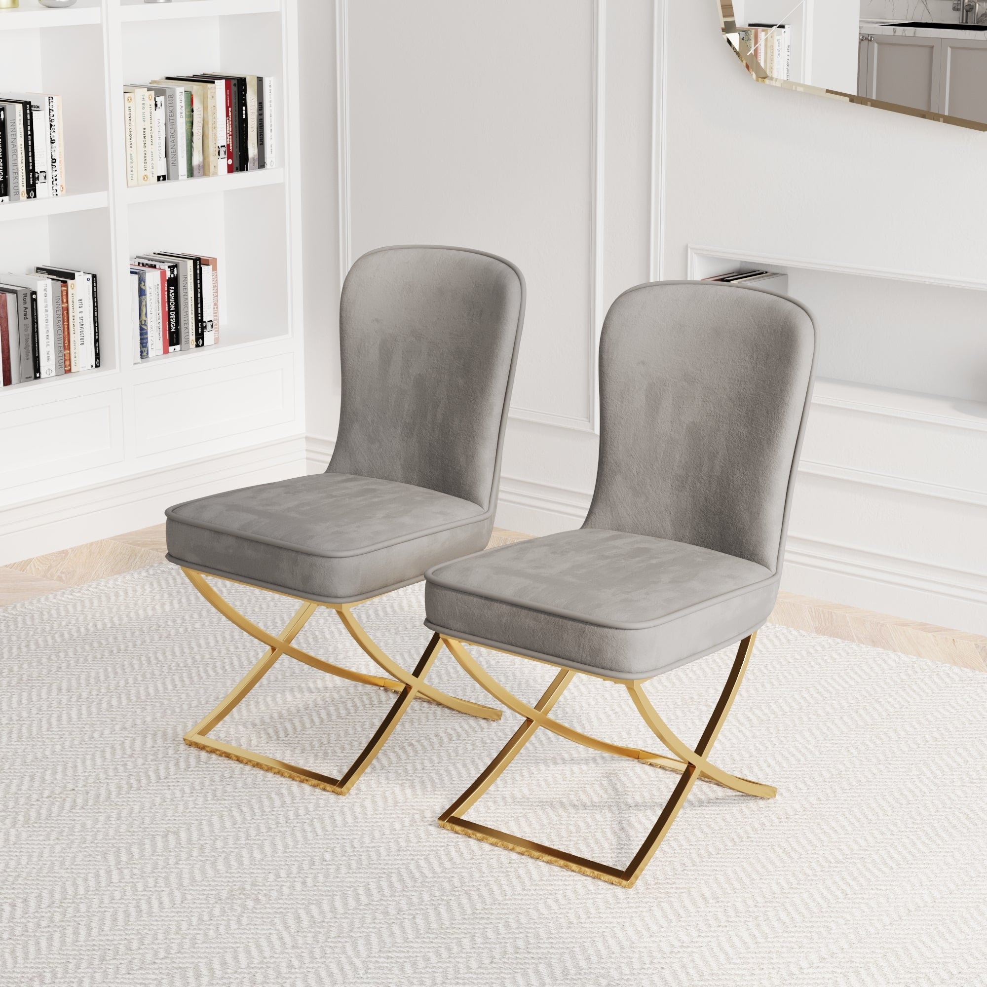 Dining Chair Set of 2, grey velvet Backrest and golden Metal legs.For Modern Kitchen Dining Room Chair for Kitchen Living Modern decorative Leisure chairs Office chairs