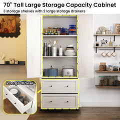 70" Tall Kitchen Pantry Cabinet with 2 Drawers & Shelves, Antique White