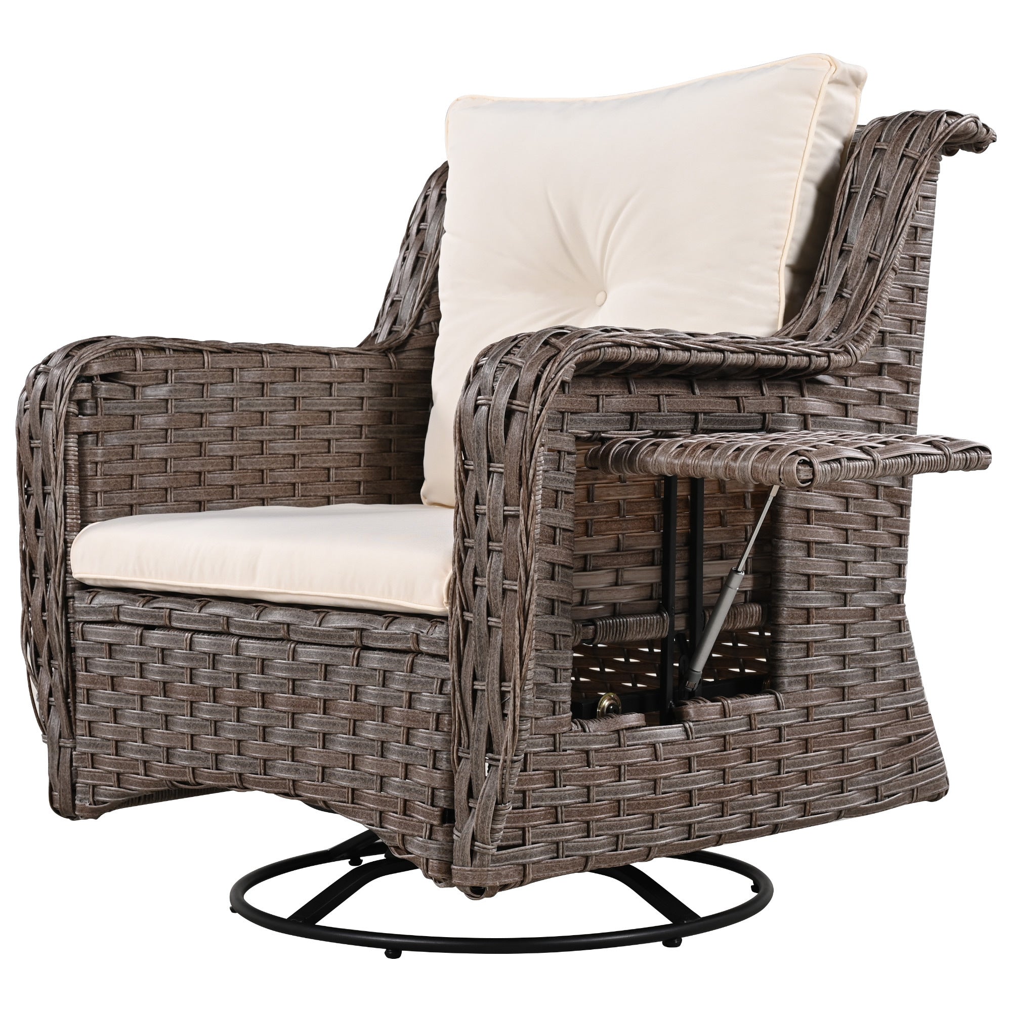 K&K 5 Pieces Outdoor Patio Furniture Set with Pet House Cool Bar and Retractable Side Tray, Rattan Wicker Patio Swivel Rocking Chairs Set of 2 with Ottomans for Backyard, Porch, Balcony, Beige