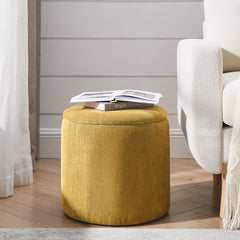 2-Piece Set Round Chenille Storage Ottoman, Equipped with a Drum Shaped Small Stool, Storage Space, and MDF Made Desktop Panel (Dark Yellow 23.62"x23.62"x16.53")