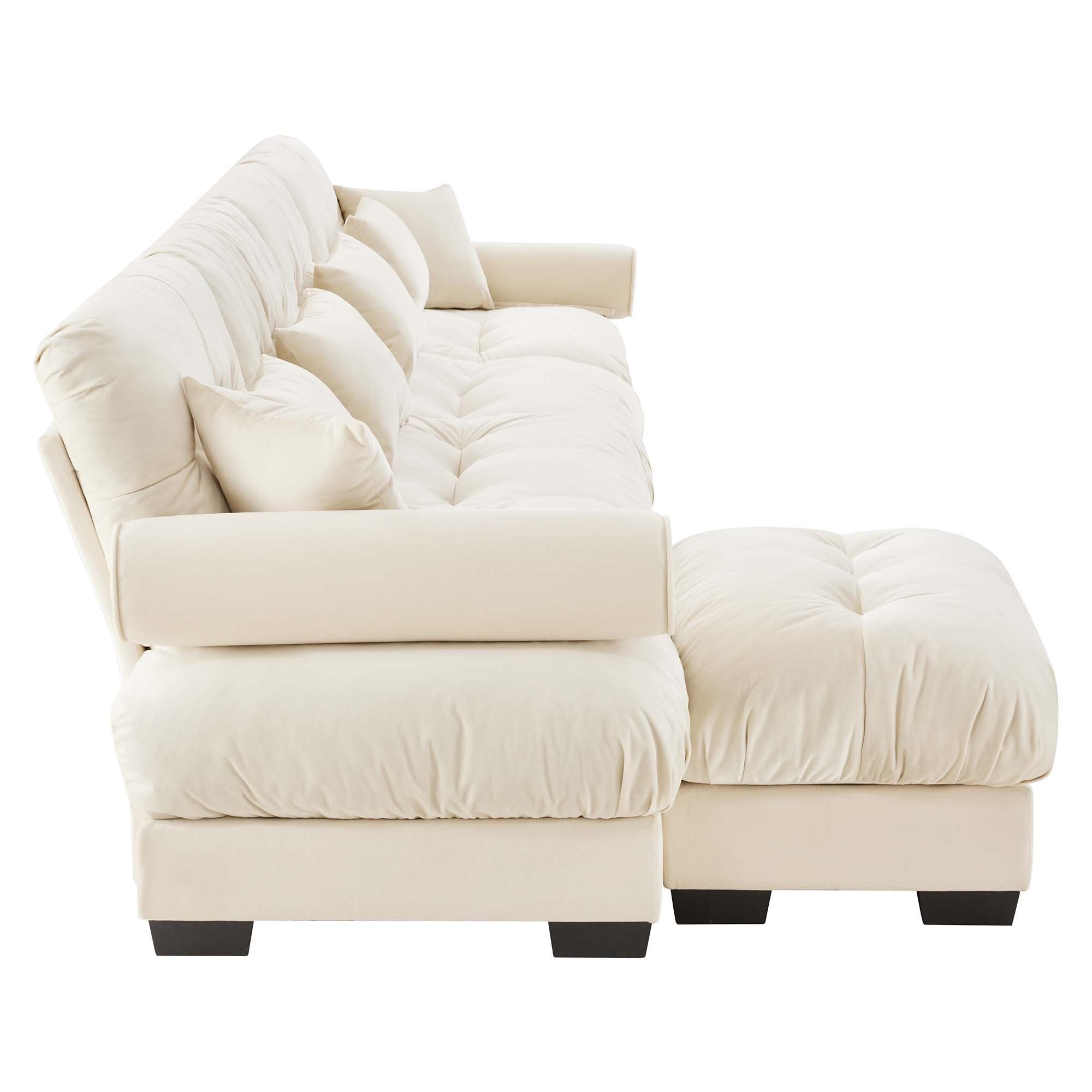 L-Shaped Convertible 4-Seater Cloud Sofa, Modern Velvet with Pillows and Bolstered Armrests,Cream