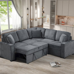 Modular Sofa, Sectional Couch L Shaped Sofa Couch with Pullout Sleeper, 5 Seat Chenille Corner Sofa for Living Room, 3 Pillows Included, Dark Gray