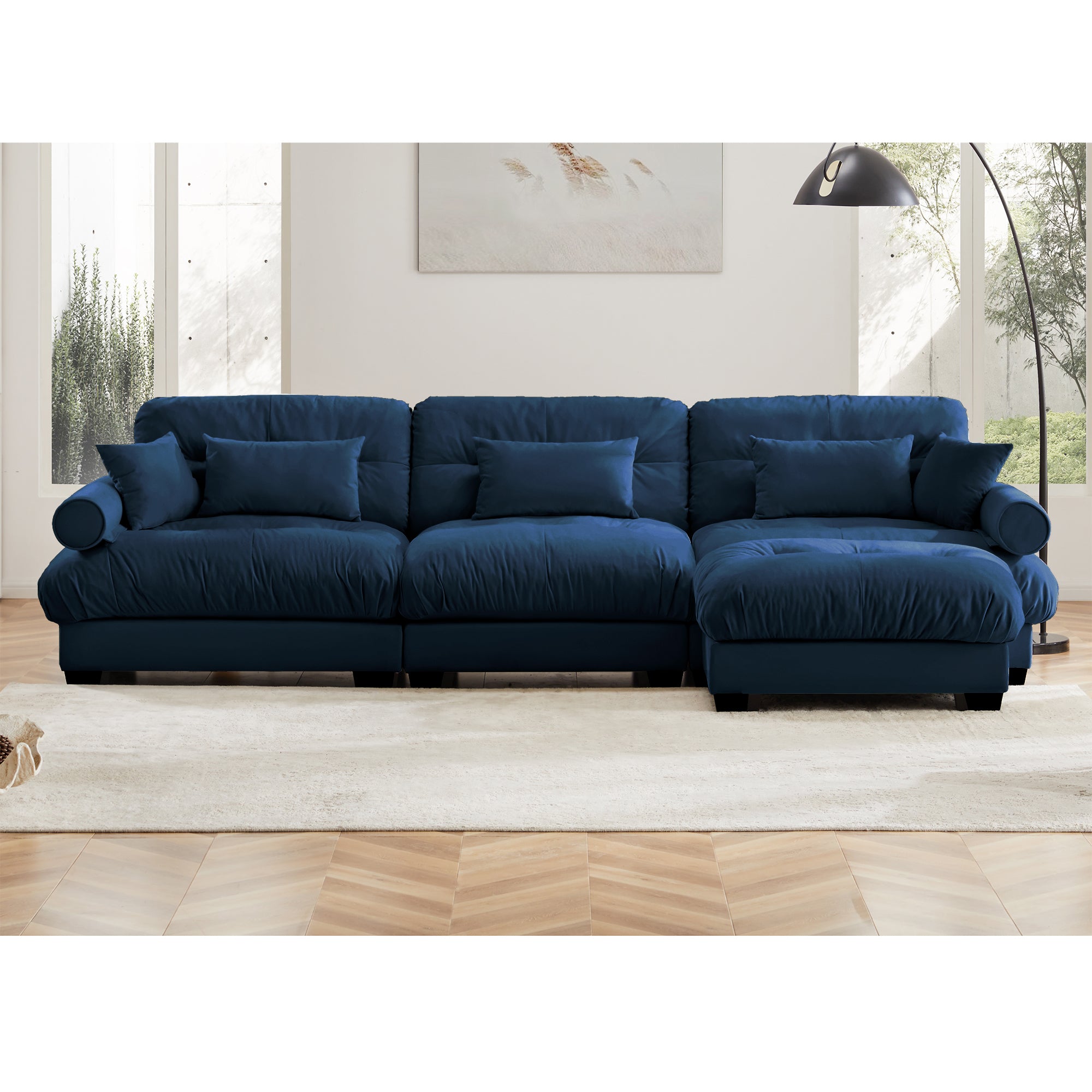 Oversized Modular Velvet Sectional Sofa with Ottoman, Deep Seat L-Shaped Cloud Couch for Living Room, Blue