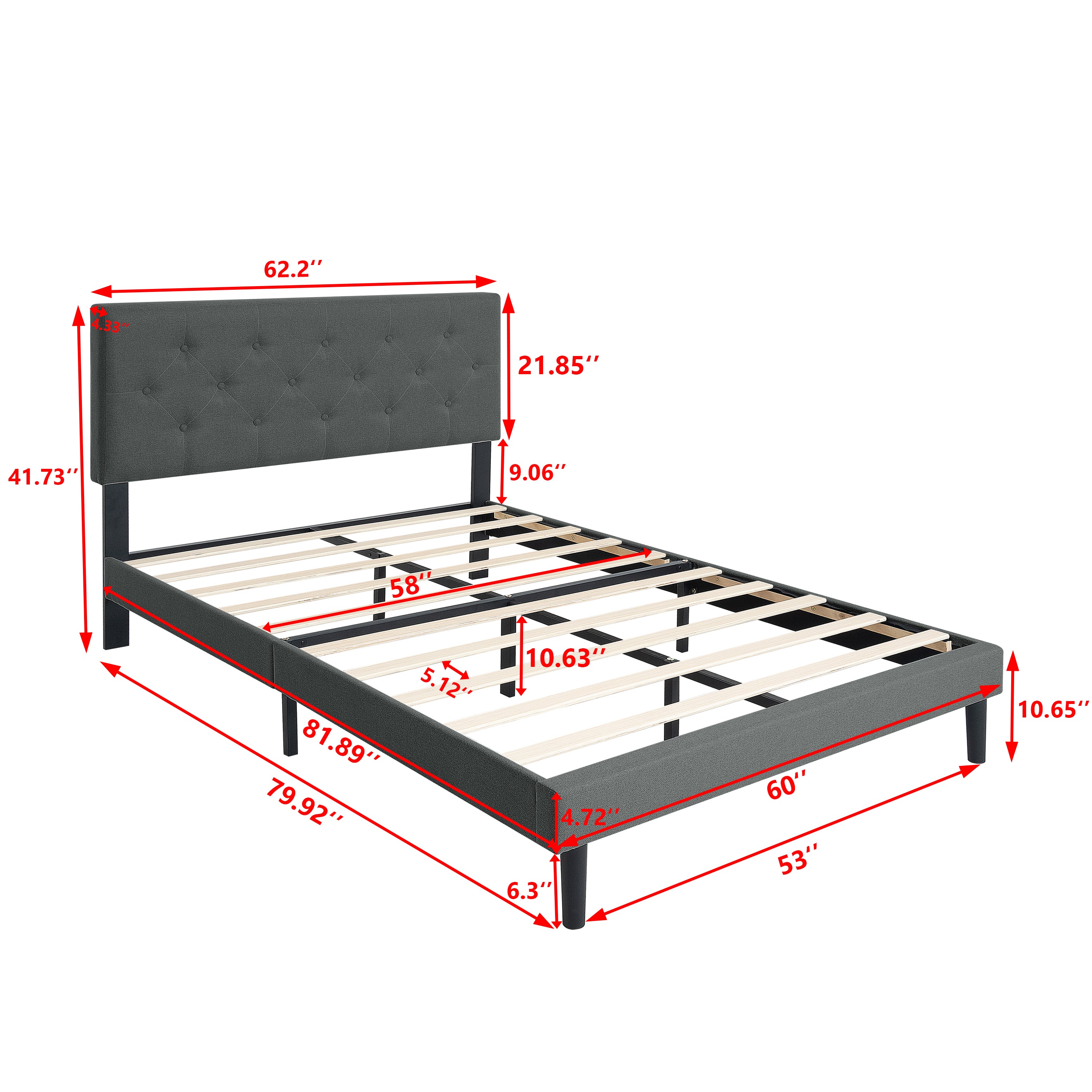 Queen Size Upholstered Platform Bed Frame with Modern Button Tufted Linen Fabric Headboard, No Box Spring Needed, Wood Slat Support, Easy Assembly, Dark Grey