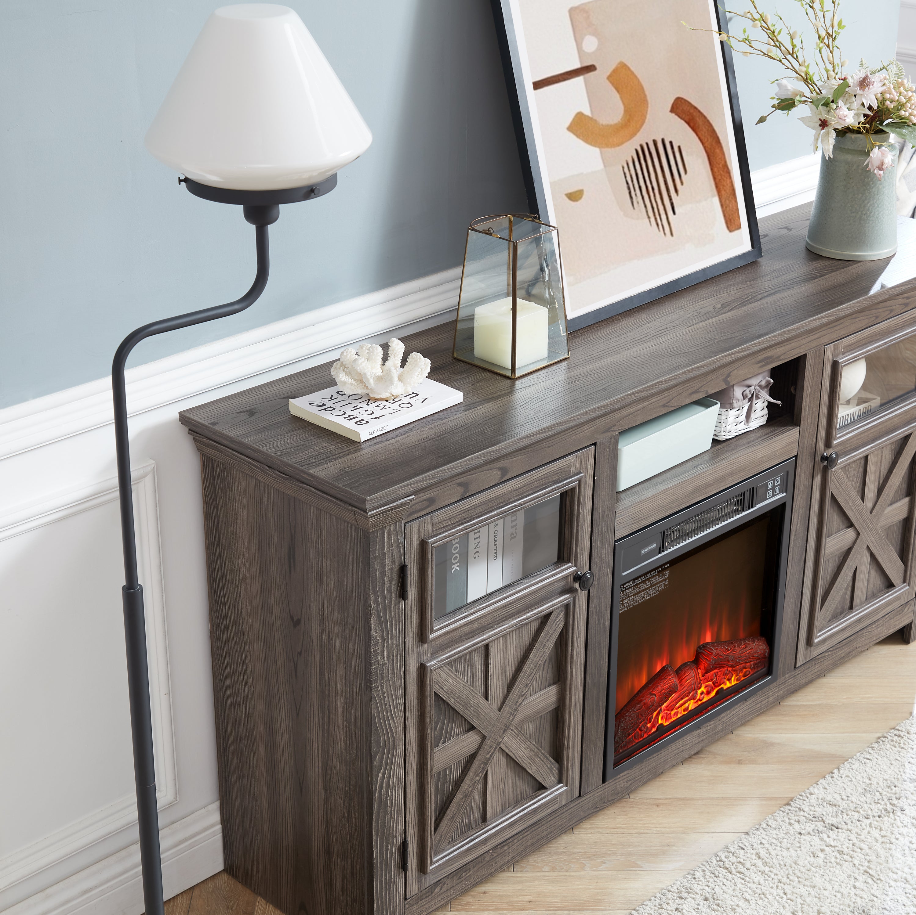 Farmhouse TV Stand with 2 Doors, Barn Design, Large Media Console with 18" Electric Fireplace Insert, GREY