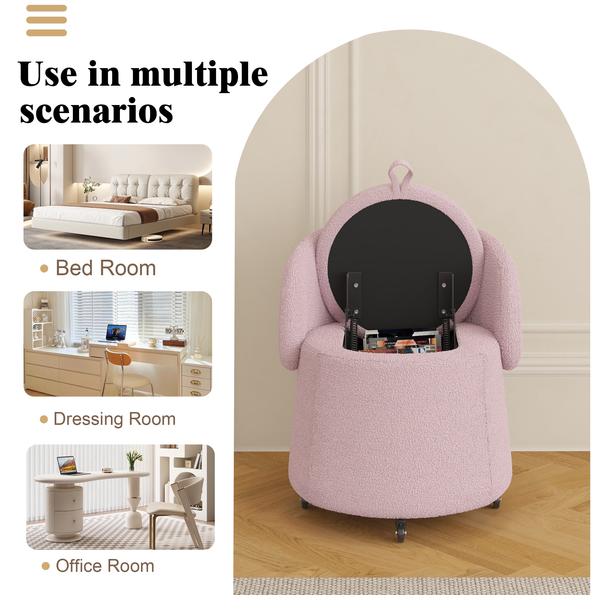 23" Movable Pink Storage Chair - Multi-Functional Design in Teddy Fleece for Stylish Bedroom & Living Room