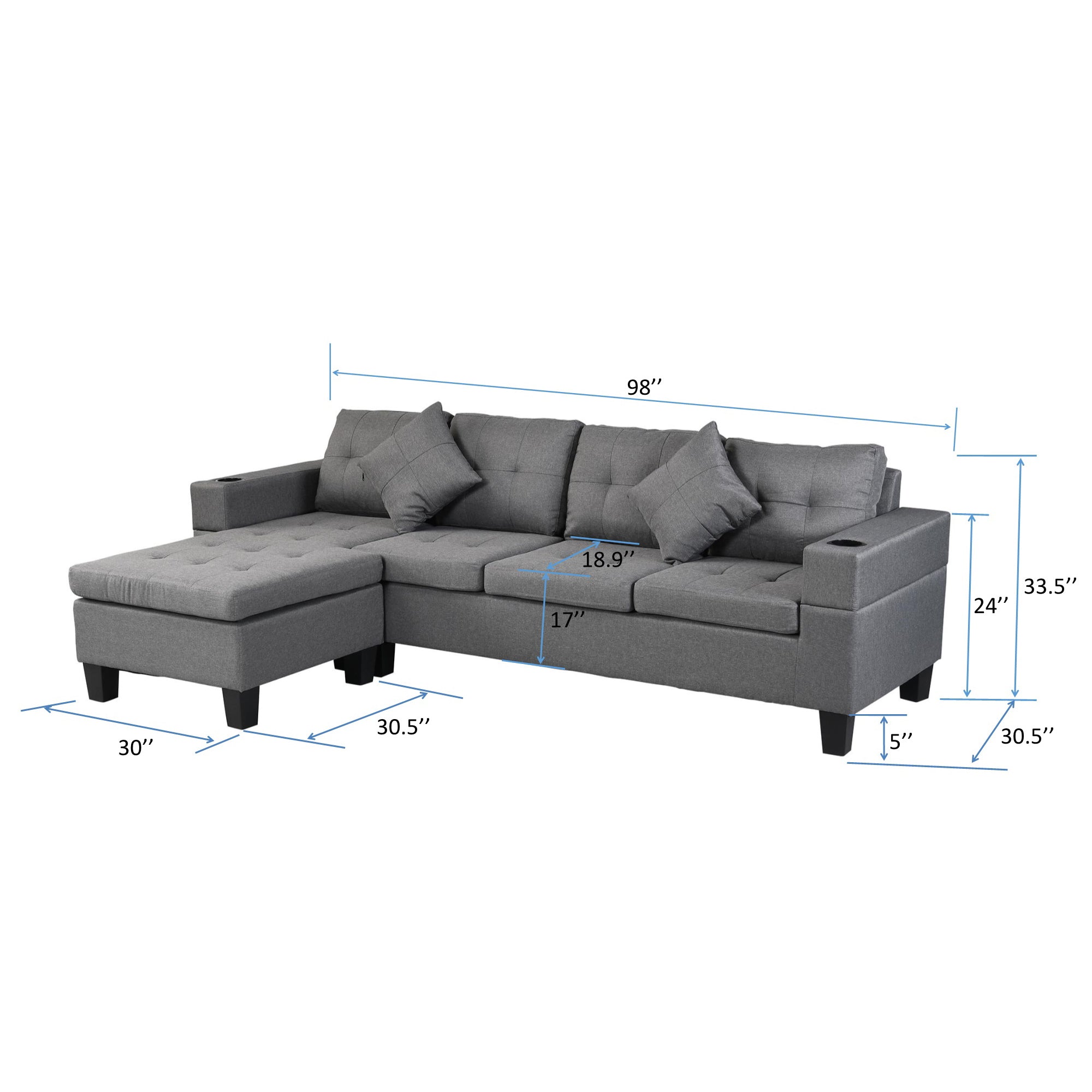 Sectional Sofa Set for Living Room with L Shape  Chaise Lounge ,cup holder and  Left or Right Hand Chaise  Modern 4 Seat