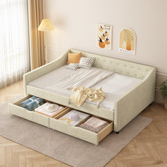 Full Size Daybed with Drawers Upholstered Tufted Sofa Bed, with Button on Back and Piping on Waved Shape Arms-Beige