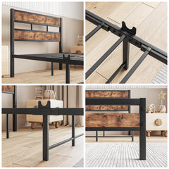 Twin Platform Bed Frame, Rustic Wood Headboard, No Box Spring