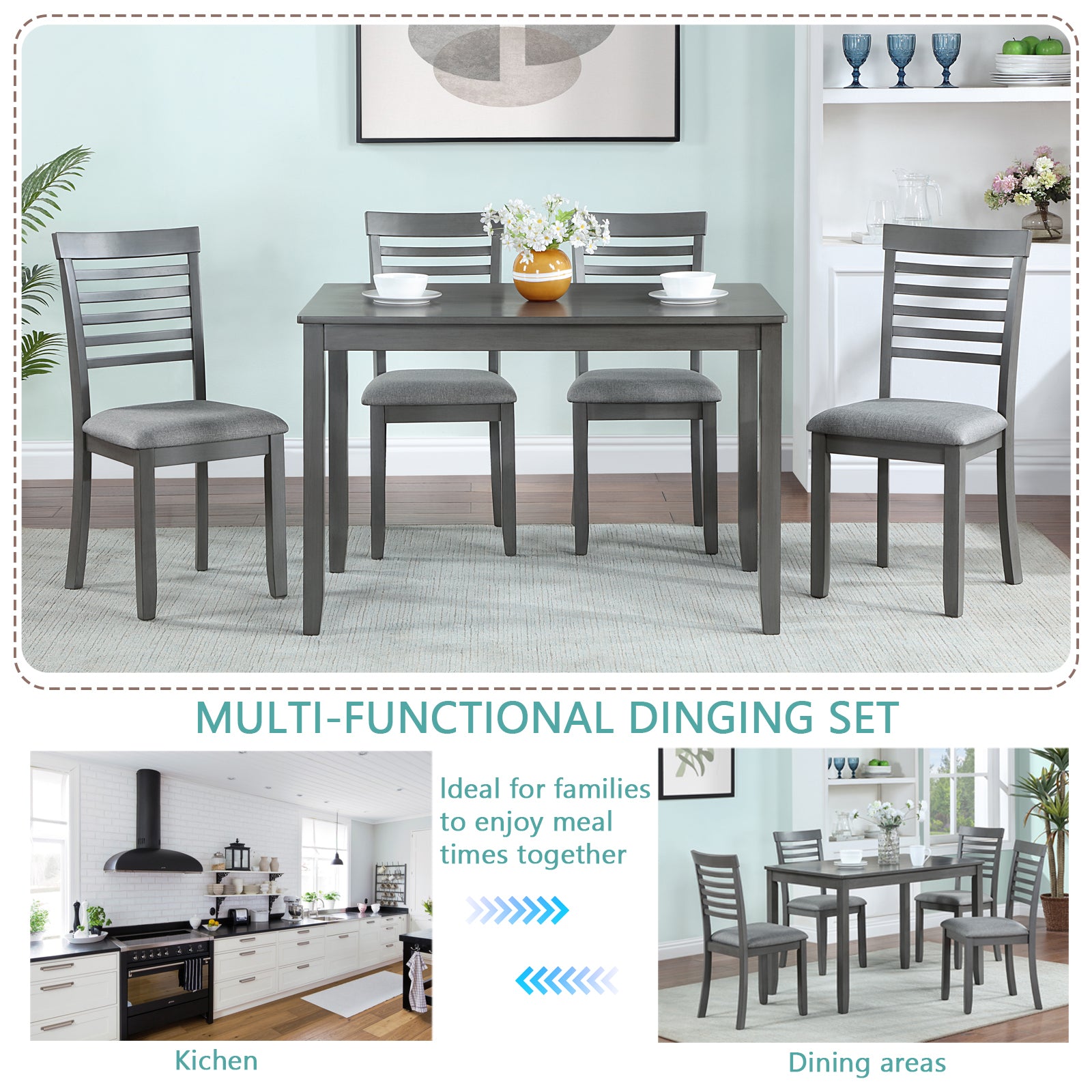 5 Piece Modern Dining Set, Rectangular Wooden Dining Table with 4 Upholstered Chairs for Kitchen, Dining Room, Gray