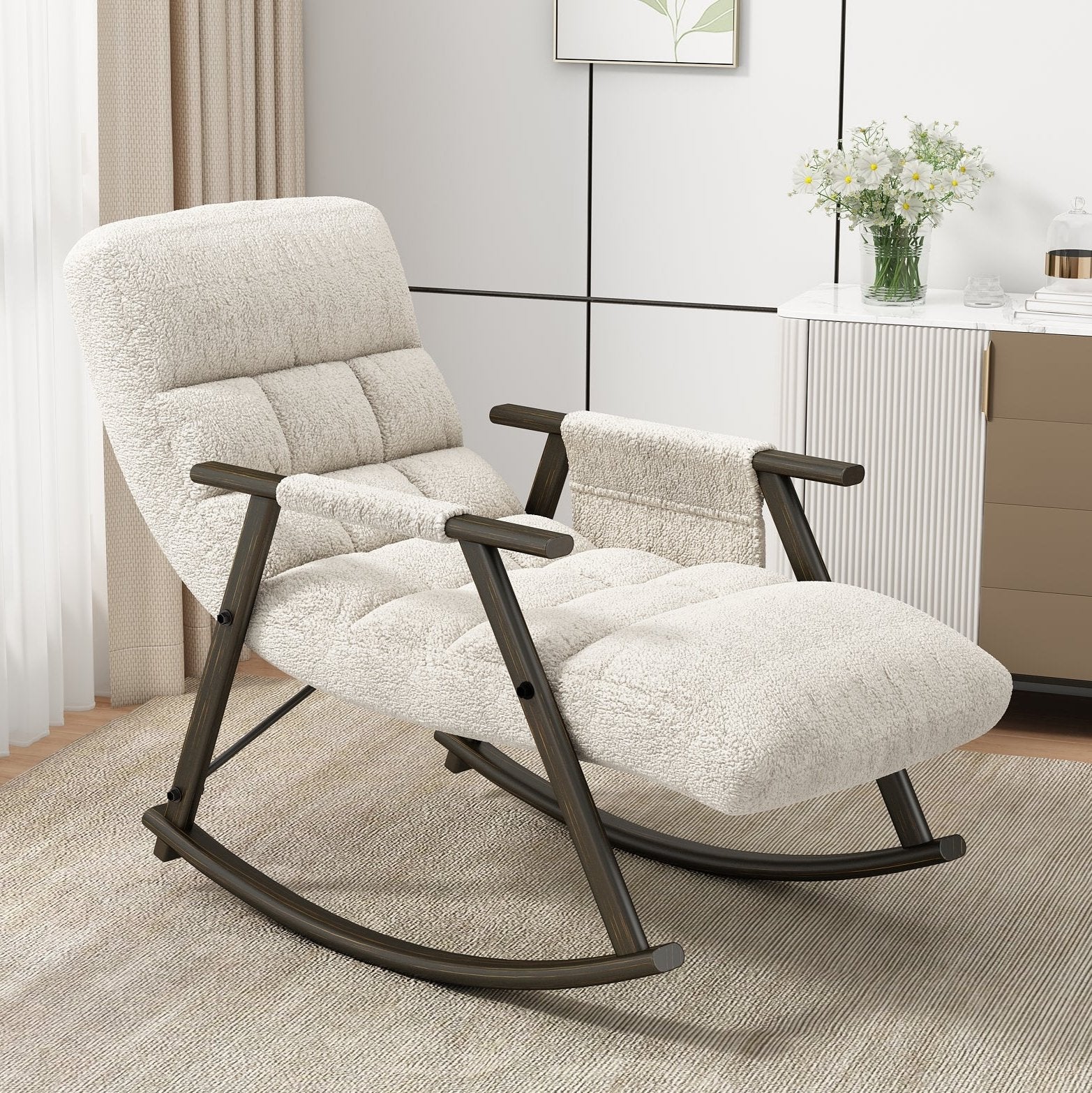 Casual folding rocking chair upholstered, lounge rocking chair adjustable high back and foot rest,side pockets placed in living room bedroom balcony