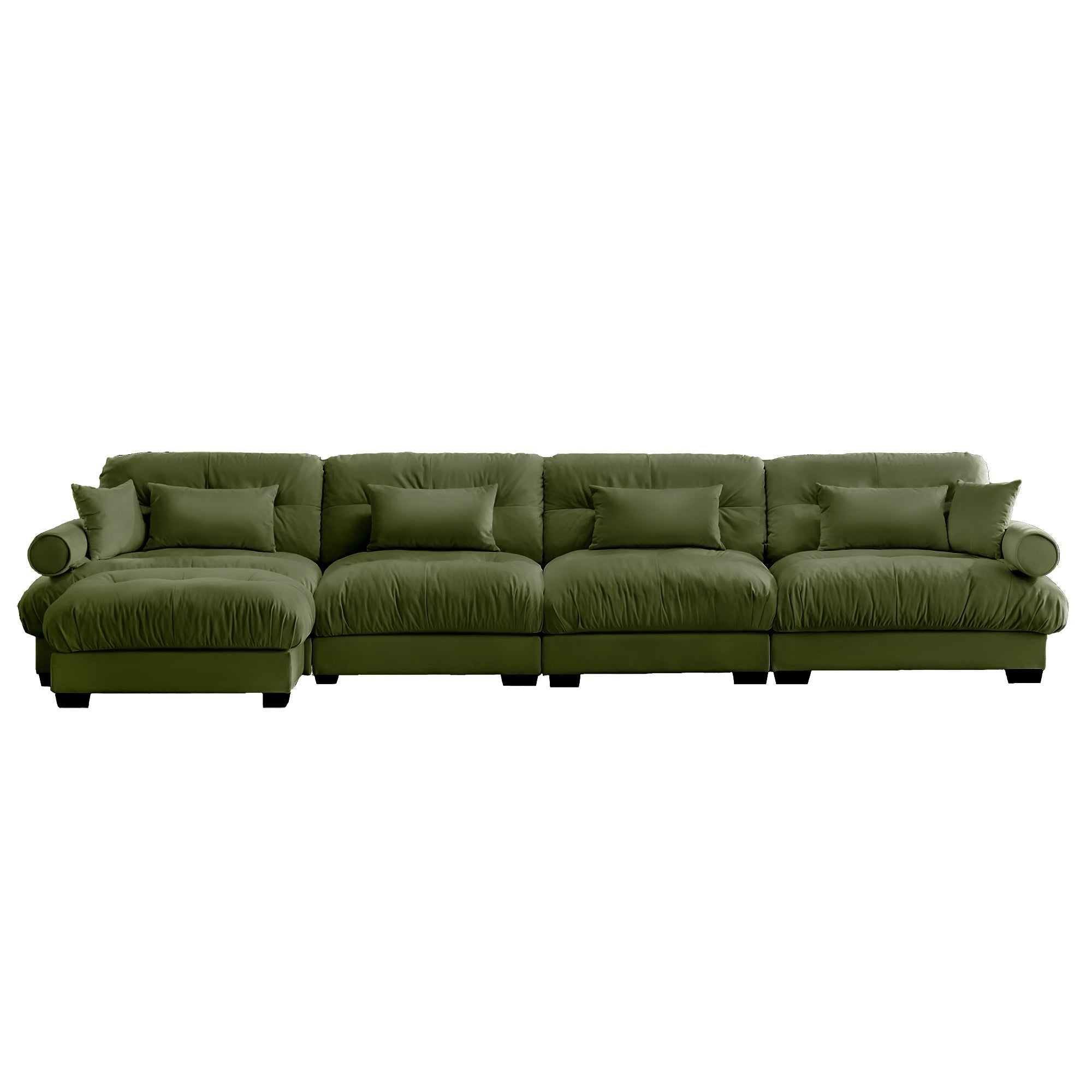 L-Shaped Convertible 4-Seater Cloud Sofa, Modern Velvet with Pillows and Bolstered Armrests,Olive green