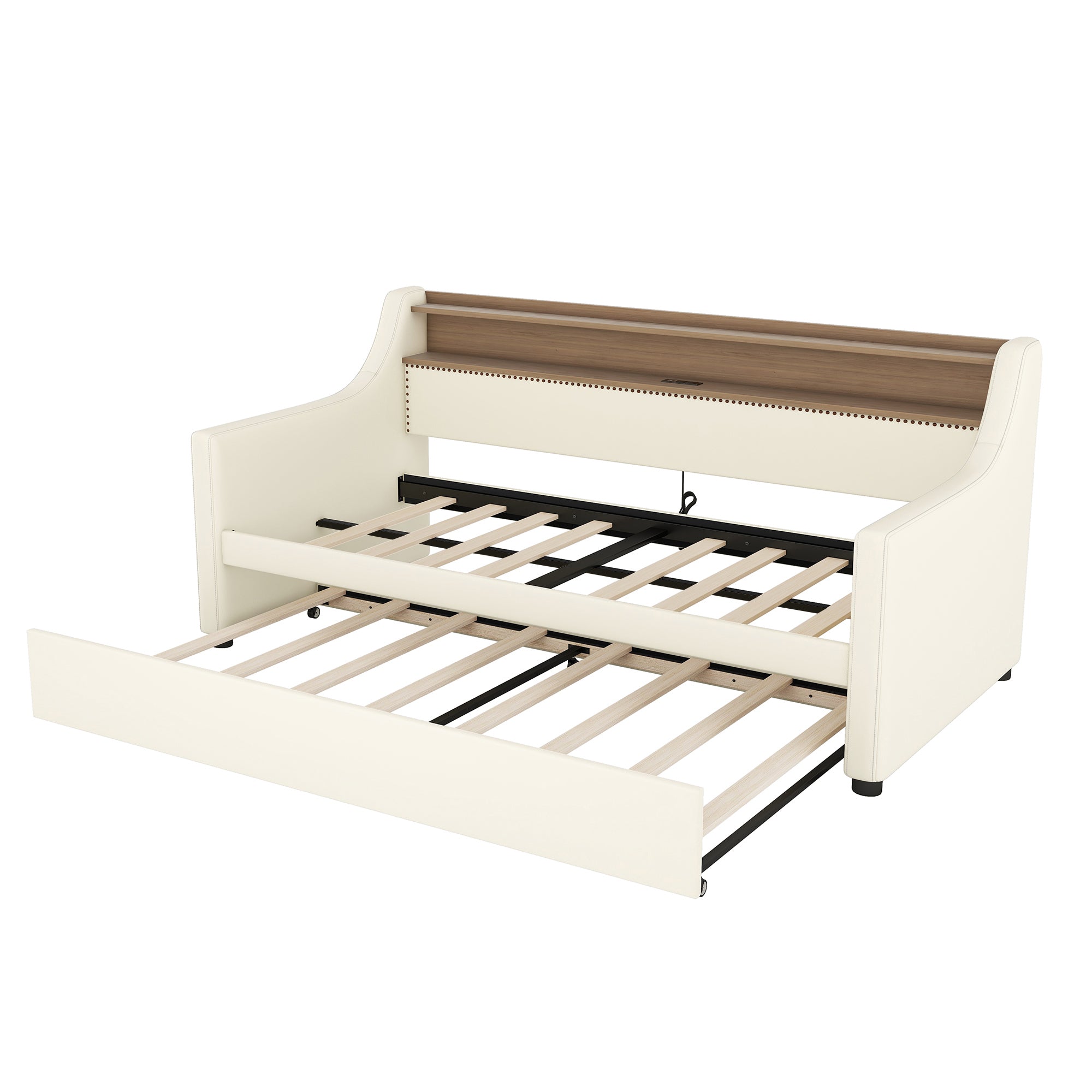 Twin Size Daybed with Trundle, Upholstered Sofa Bed with Charging Station and LED Lights, White