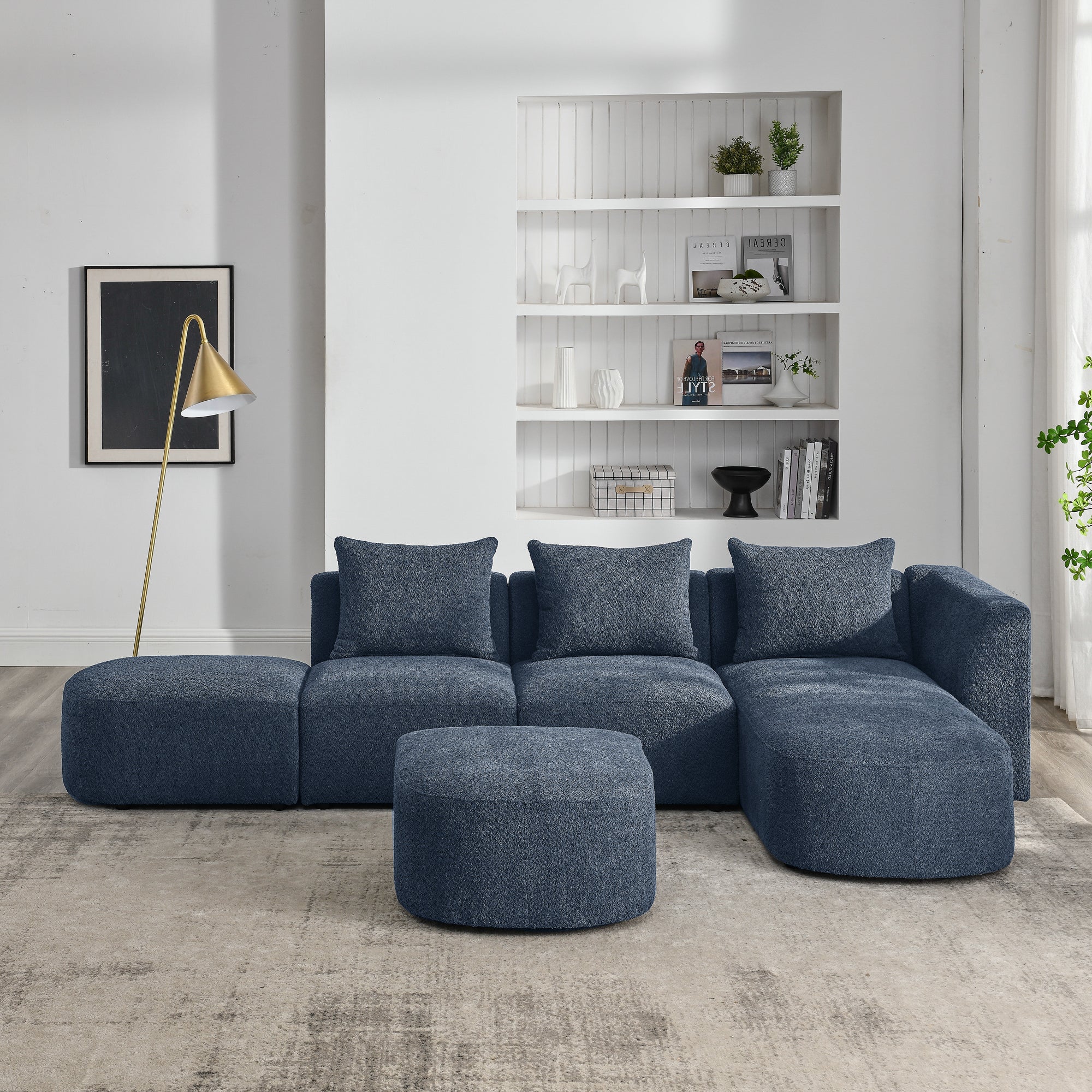 L Shape Sectional Sofa with Right Side Chaise and Ottoman, Modular Sofa, DIY Combination, Loop Yarn Fabric, Navy