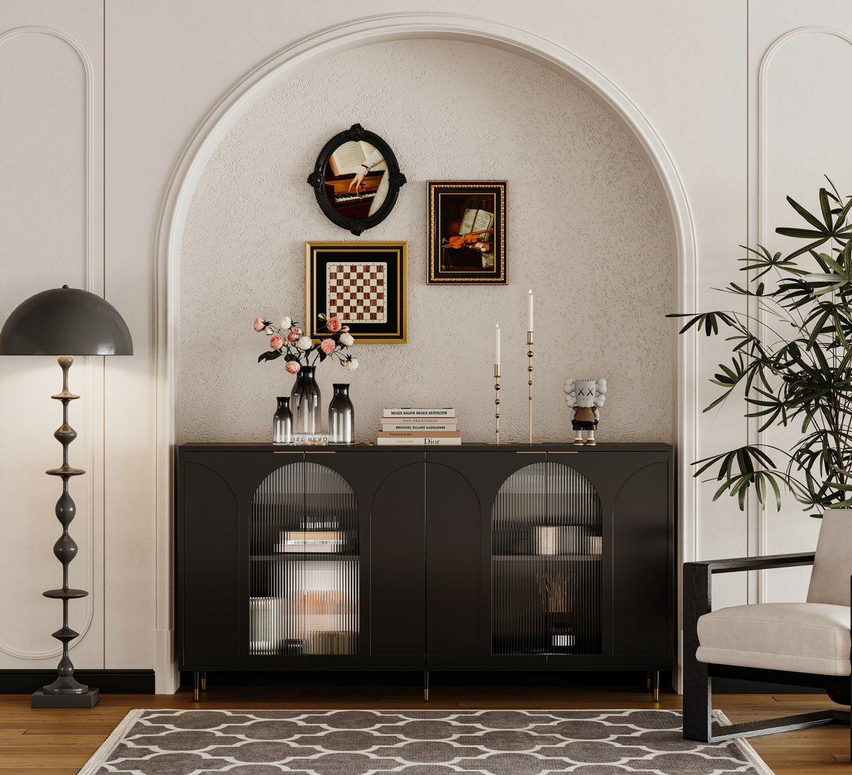 Accent Cabinet Black Lacquered Wooden Cabinet with 4 Glass Doors Sideboard Buffet Server Cabinet Storage Cabinet, for Living Room, Entryway, Hallway, Office, Kitchen and Dining Room