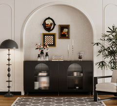 Accent Cabinet Black Lacquered Wooden Cabinet with 4 Glass Doors Sideboard Buffet Server Cabinet Storage Cabinet, for Living Room, Entryway, Hallway, Office, Kitchen and Dining Room