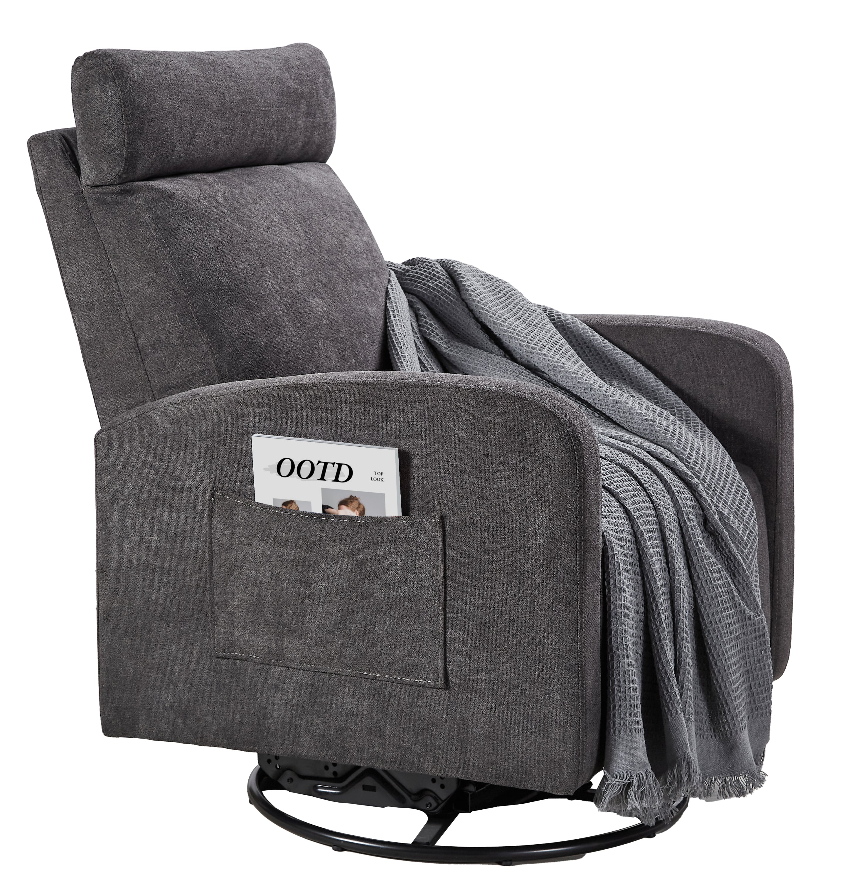 Swivel Upholstered Manual Recliner Chair, 360° Nursery Glider Rocker for Living Room, Dark Gray